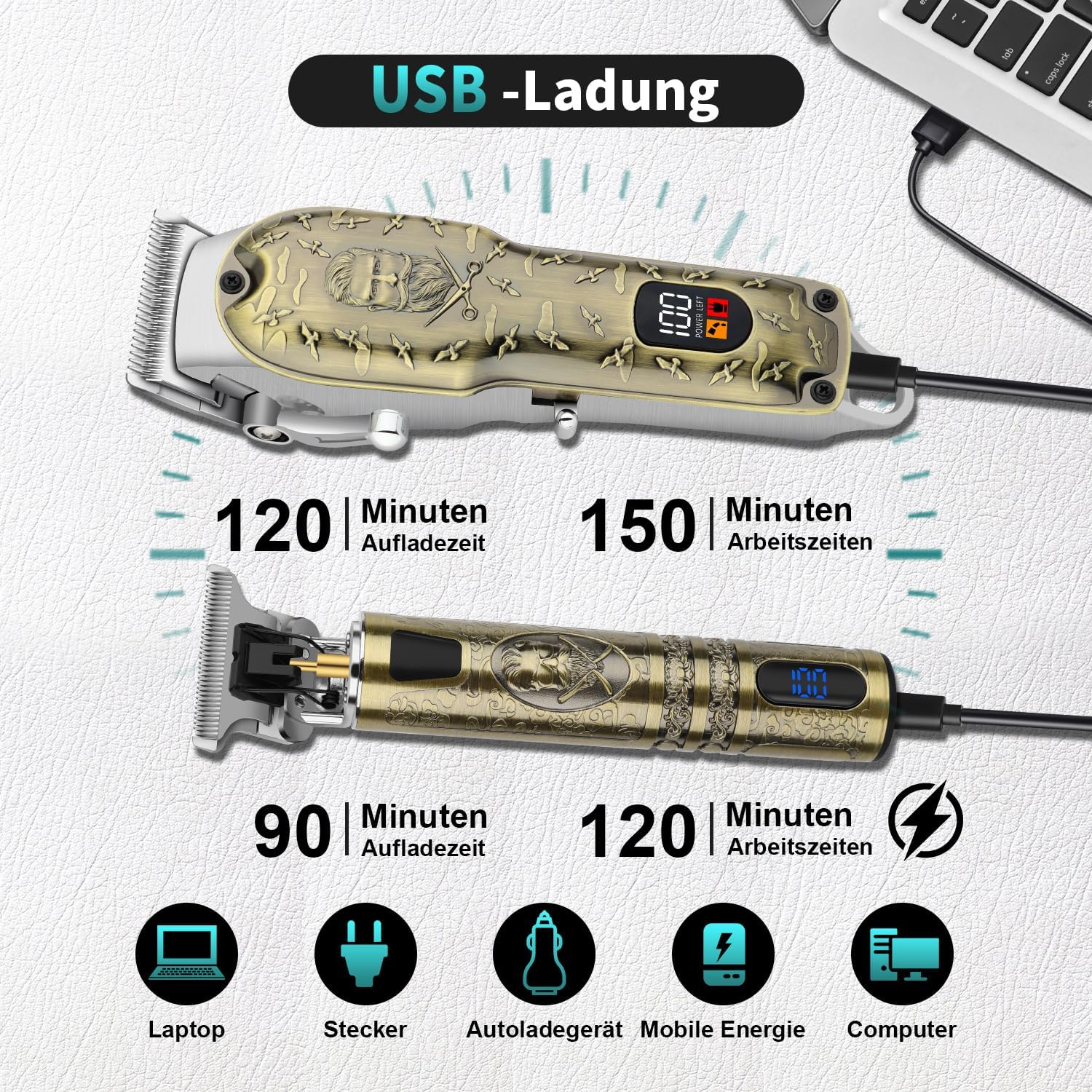 HIENA PRO Professional Hair Clippers for Men, Cordless Complete Hair Trimmer, Beard Trimmer Set, USB Rechargeable Electric Hair Cutting Kit with 8 Guide Rails and LED Display image number 2