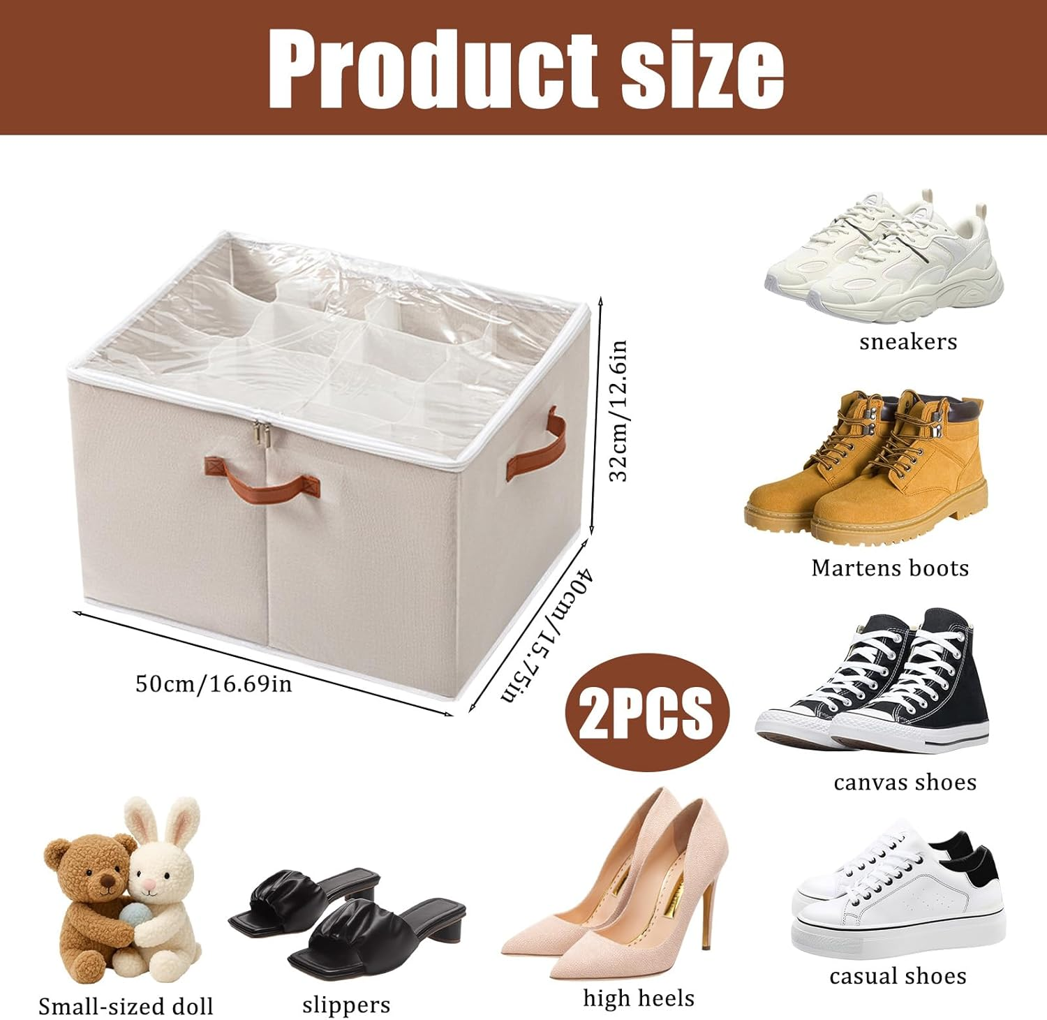 2Pcs Shoe Organizer, Clear Shoe Storage Box, Fits up to 16-32 Pairs, Foldable Shoe Box, Fabric Shoe Storage Bins with Clear Cover, Home Storage & Organisation image number 4