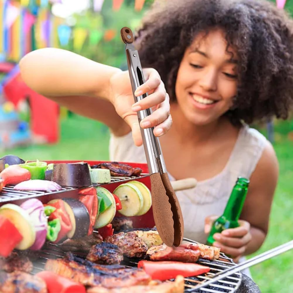 Salad Bread BBQ Non Slip Kitchen Tongs Toast with Wooden Tips Vegetable Meat image number 2