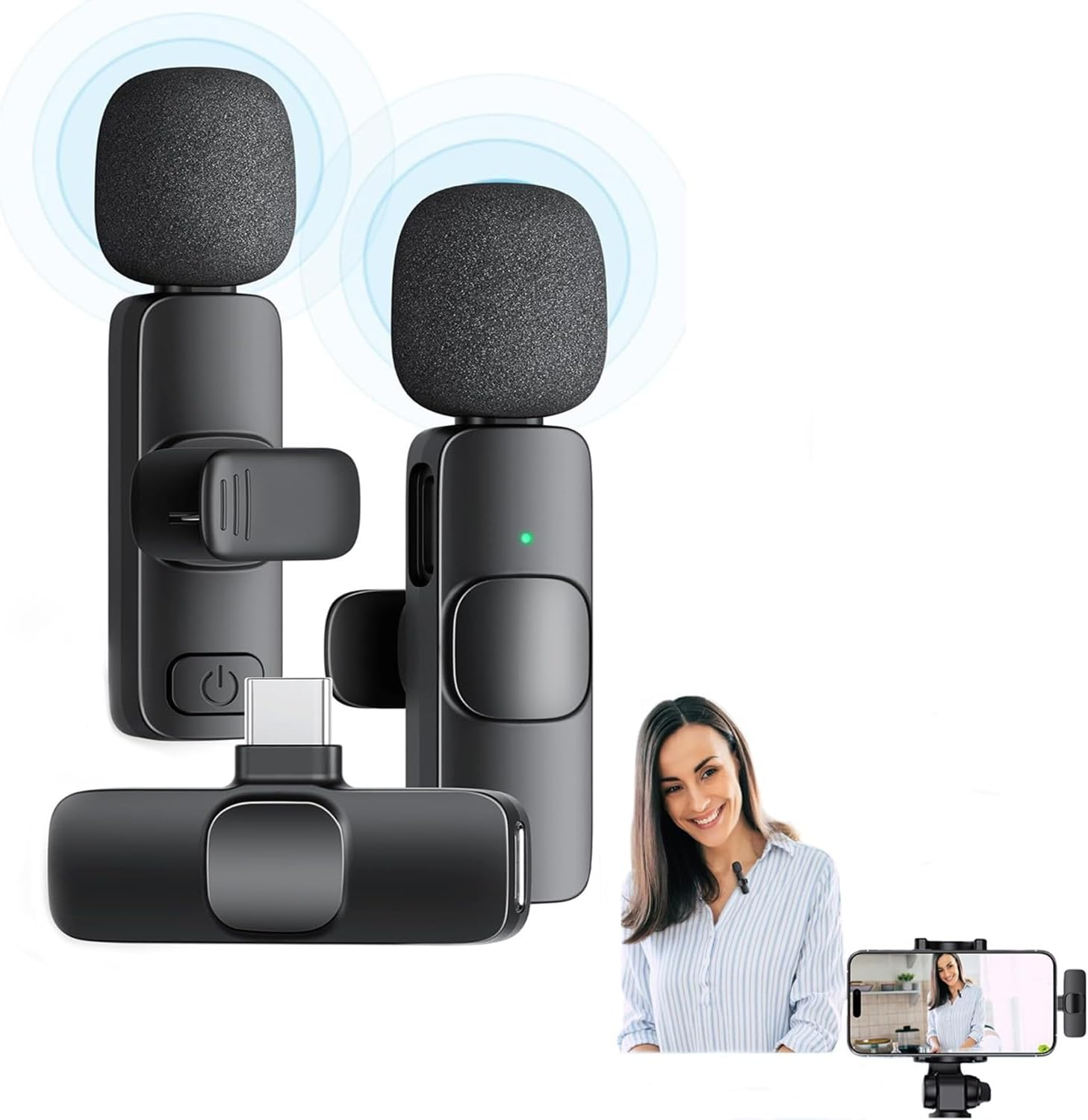 Aoiutrn Wireless Lavalier Microphone for Iphone and USB C, 2 in 1 Mini Clip-On Wireless Lapel Mics Compatible with Iphone,Ipad, Android for Video Recording,Youtube, Interview, Tiktok, Vlog image number 2