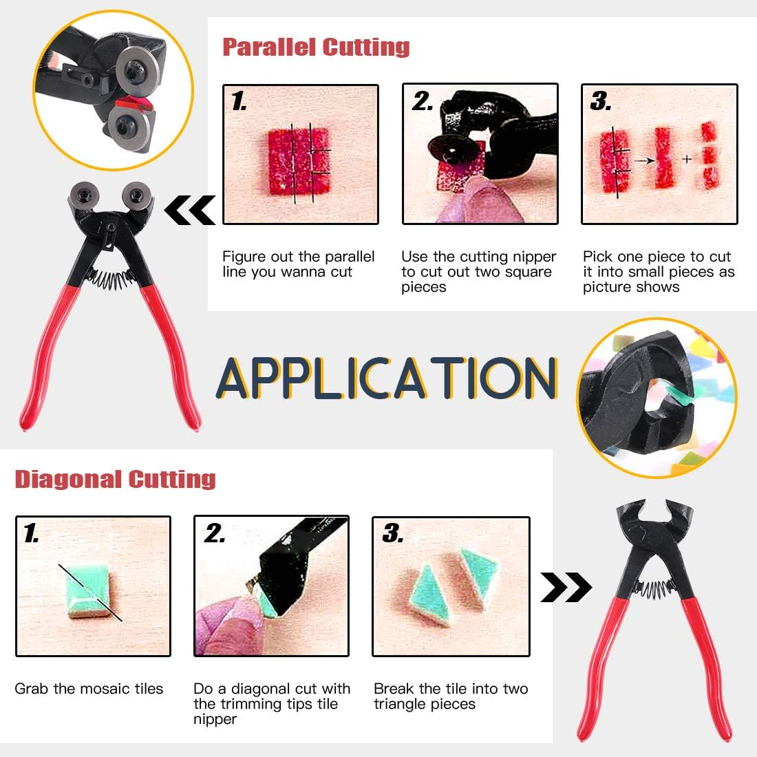 Hilitchi 12Pcs Heavy Duty Stained Glass Tools Mosaic Tools Wheeled Glass Tile Nipper and Cutter Pliers and Diamond Coated Handle Grinding Tool Kit image number 5