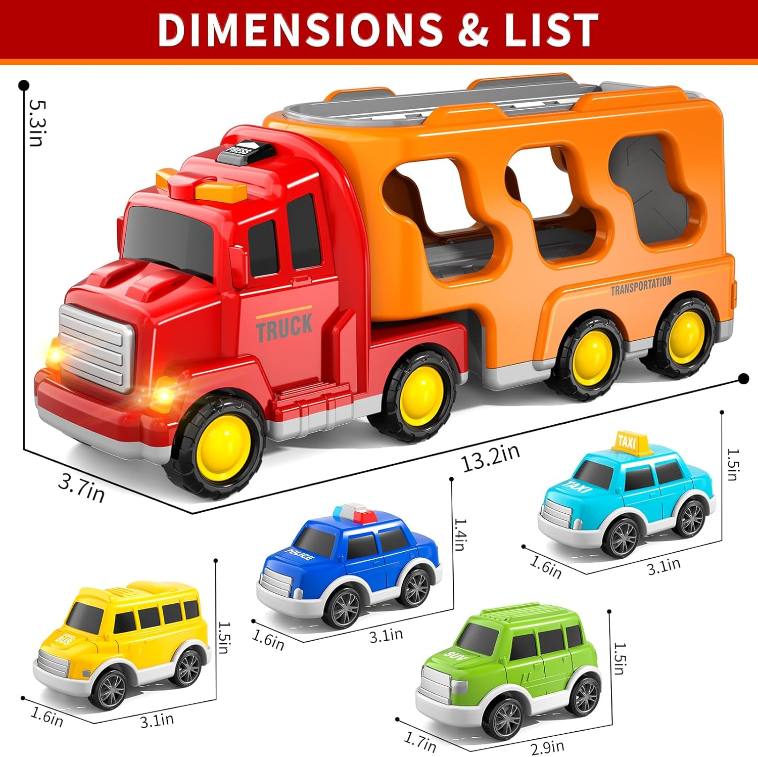 Trucks Cars Toys for 3 4 5 Year Old Boy Toddler, 5 in 1 Carrier Truck Bus Veihicle Playset Boy Toddler Toys with Light Sound, Birthday for Boys Toddlers Kids