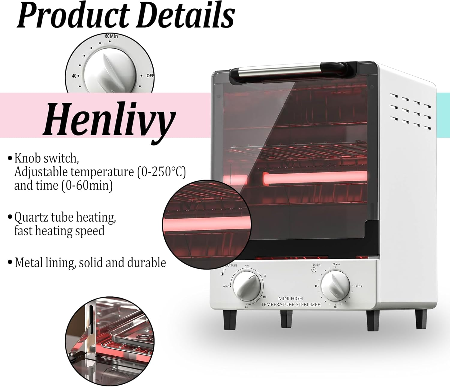 High Temperature Sterilizer, Large Capacity Dry Heat Stainless Steel Sterilizer with Temp and Timer Control, Max Timing 60Min, Max Temperature 250℃ (482℉), with Stainless Trays, 110V Power image number 2