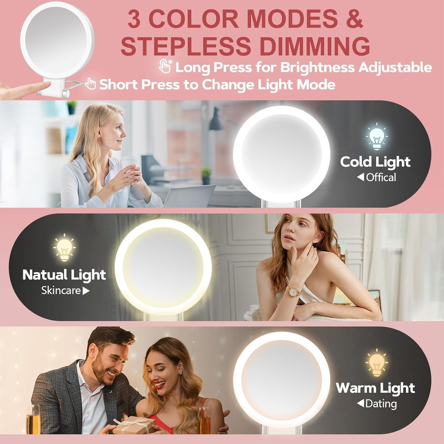 10X /1X Magnifying Mirror with Light, 3 Light Settings, Rechargeable Travel Makeup Mirror with Adjustable Handle/Stand，Folding Double Sided Portable Mirror for Tweezing Travel