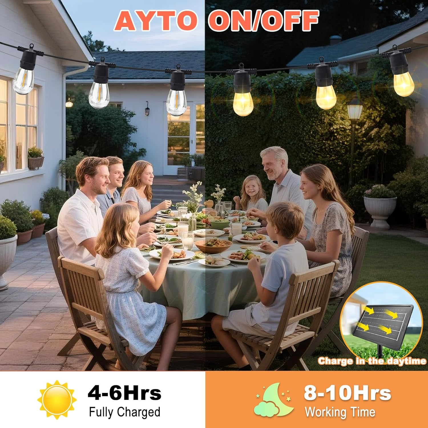 35M Solar String Lights Outdoor with 30 S14 Leds & 2 Spares, 48Hrs 7200Mah, Usb/Solar Charging, 8 Modes Remote, IP65 Waterproof, 2 Installation for Garden image number 6