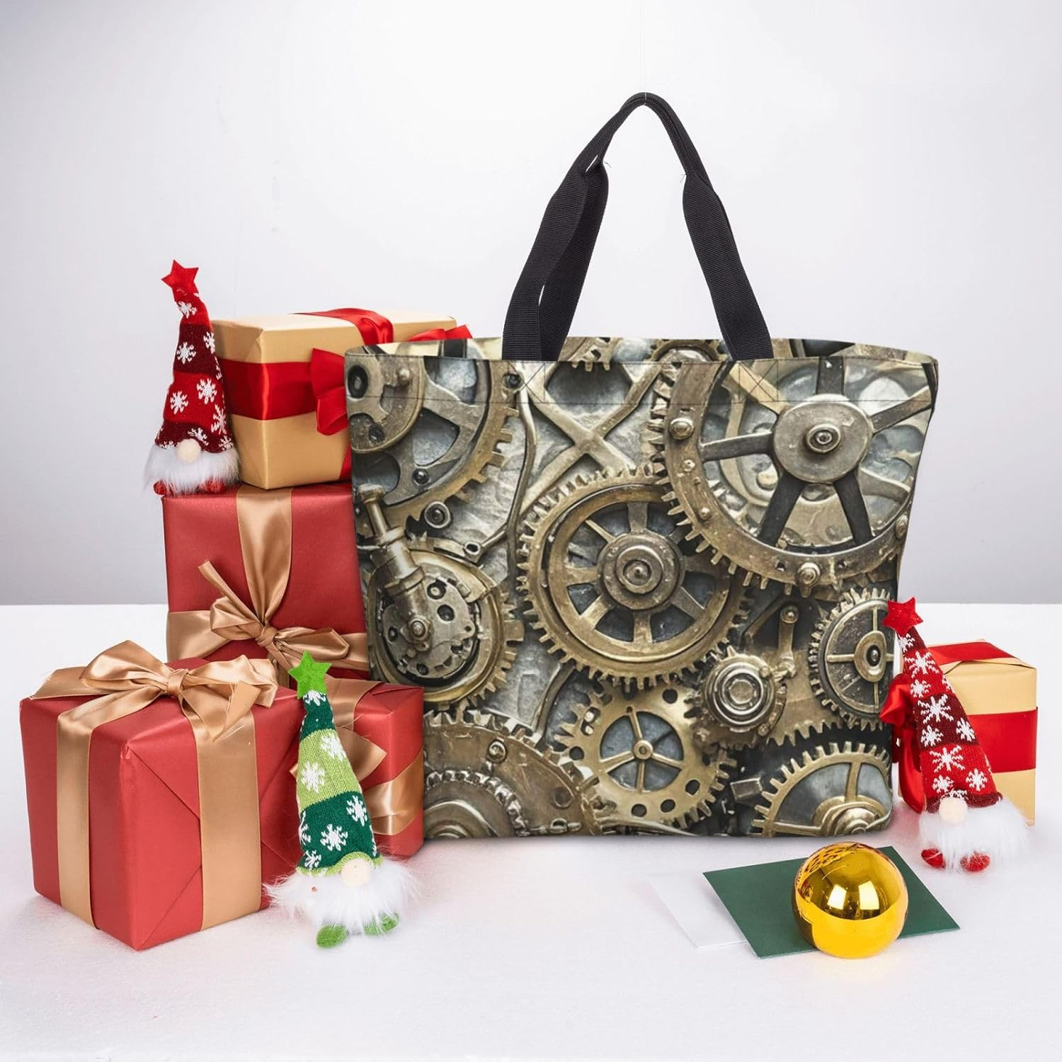 STVYUKL Cool Steampunk Gears Tote Bag for Women Casual Portable Shopping Handbags with Zipper Inner Pocket Reusable Waterproof Beach Grocery Bag for Shopping Travel Work, Black, One Size image number 4