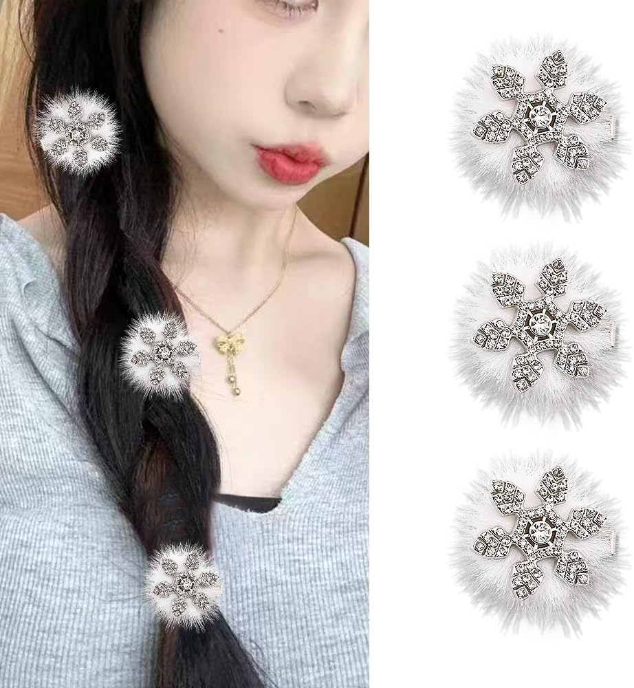 Christmas Side Hair Clips for Women Snowflake Hair Accessories for Girls Small Hair Barrettes for Fine Thin Thick Hair Xmas Fluffy Hair Clips Dance Party Hair Clip Decorative Plush Hair Clip Set 3 Pcs - Bow Side Hair Clips image number 4