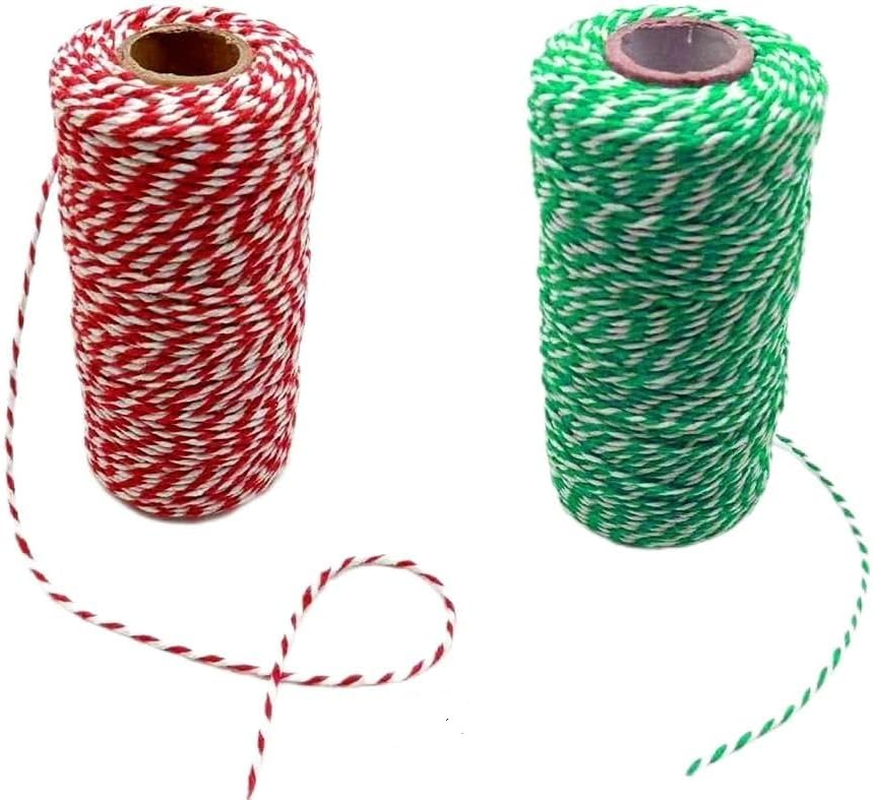 LORJE Twine 2 Pc Green White Cotton Twine and Red White Cotton String Rope Ribbon Cord for Wrapping, Baking, Butchers, DIY Crafts, Christmas Holiday Decorations,656 Feet