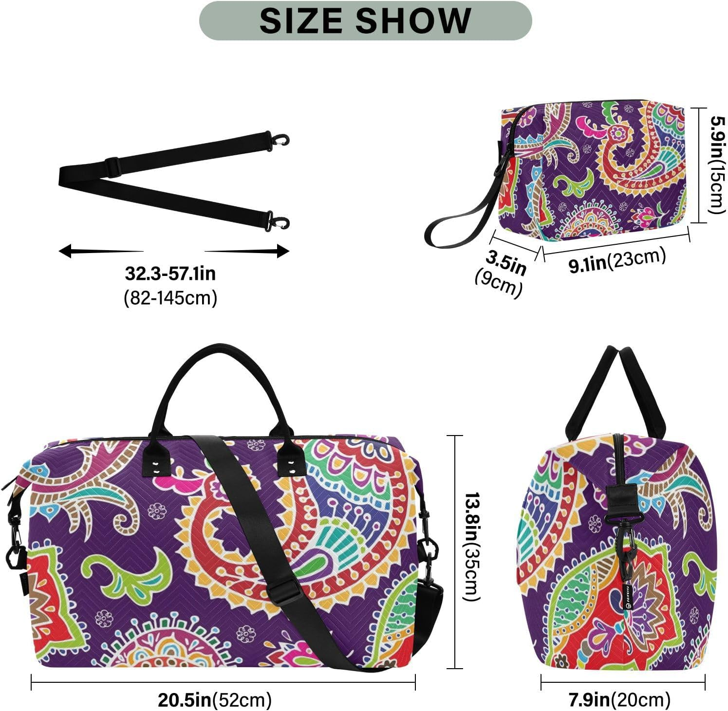 Ethnic Style Paisley Cashew Flower Ham Tattoo Personal Item Travel Bag Travel Weekender Gear Bag Sports Duffel Bags with Adjustable Strap for Sports Large Capacity, Ethnic Style Paisley Cashew Flower image number 5