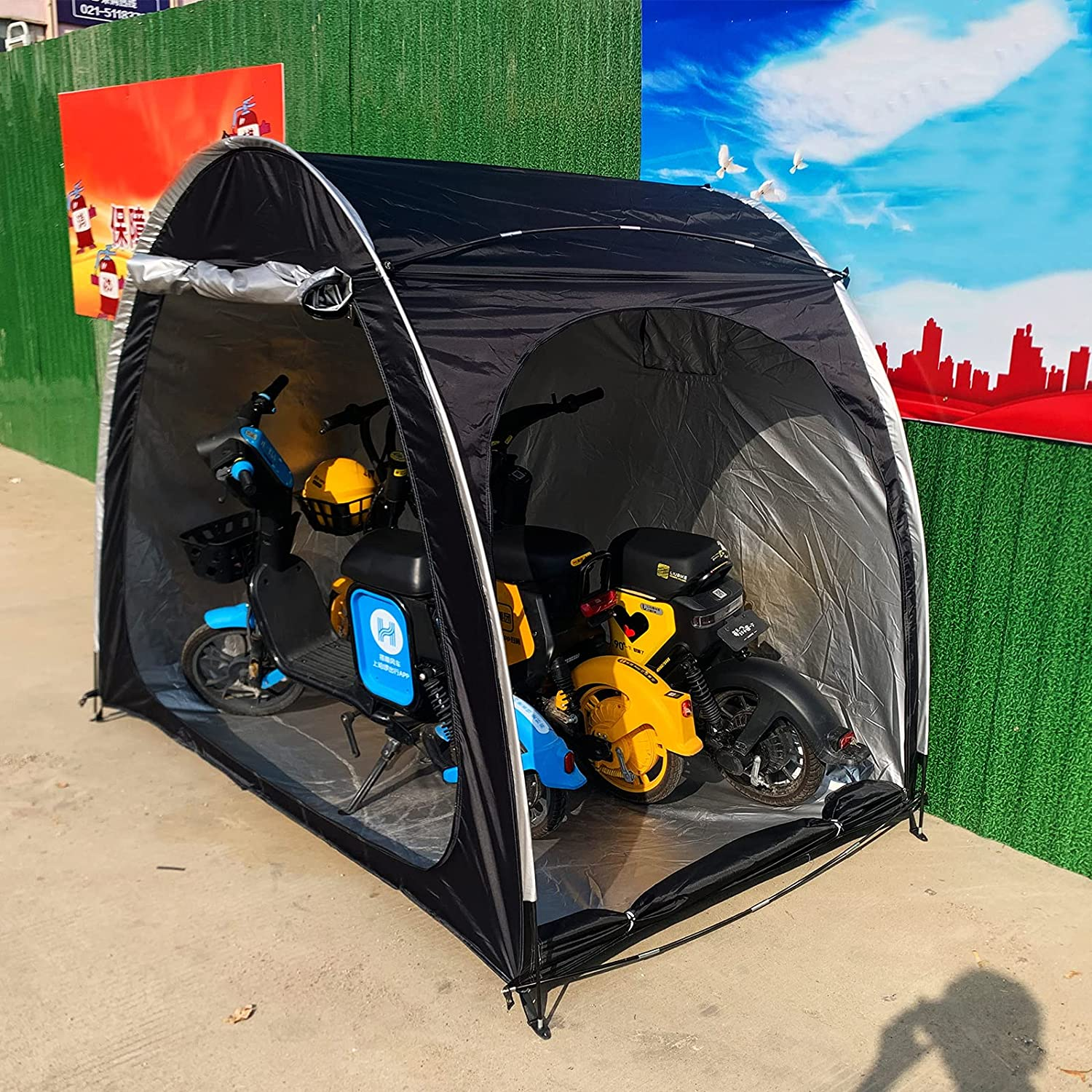 Bike Storage Shed,Bicycle Cover Tent,Heavy Duty Enlarged Style Two Doors Can Store 3-4 Bicycles Oxford Fabric Material,With Waterproof Coating,With Multi Tool and 2Pcs Combination Lock (Black) image number 5