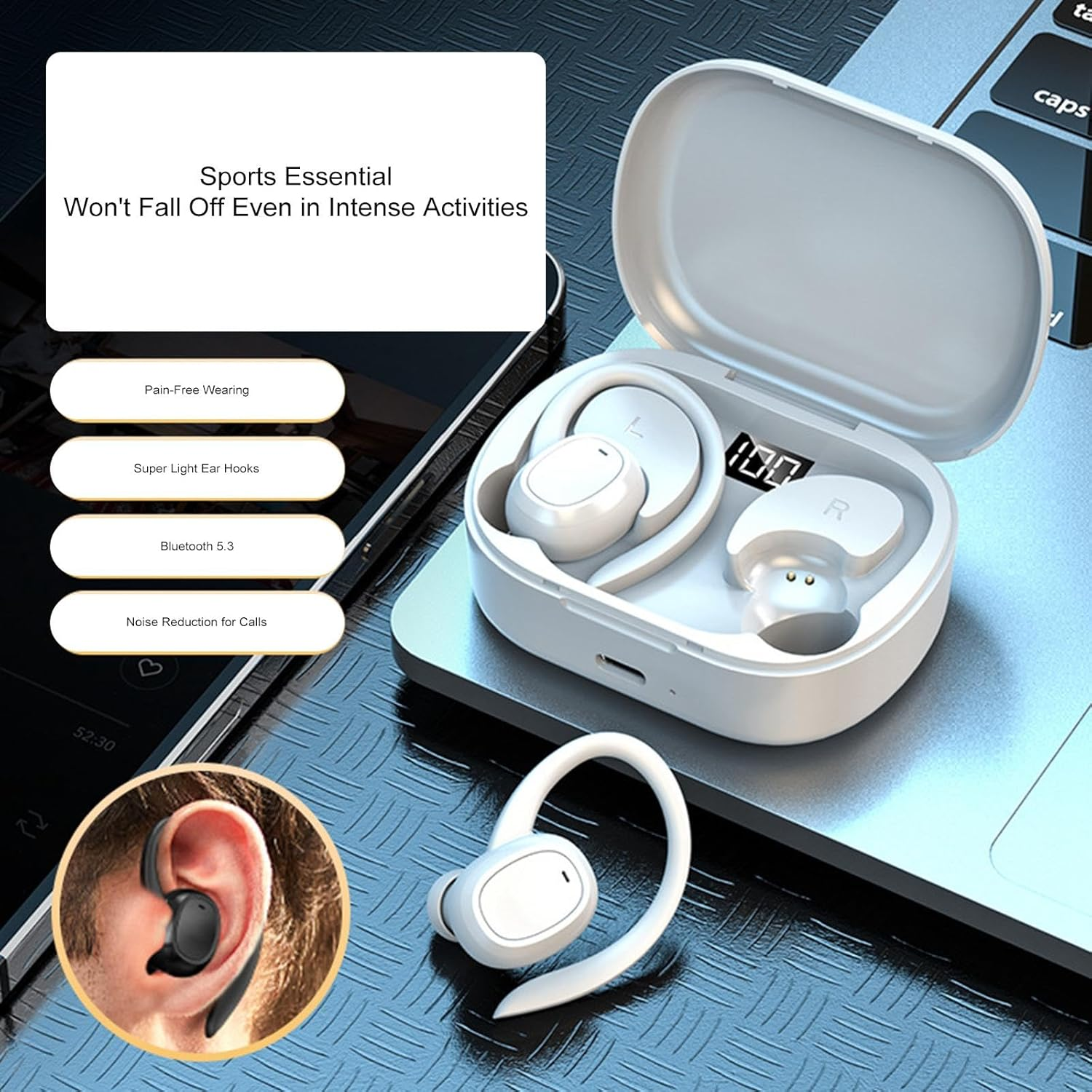 Bluetooth Headphones Ear Hooks Stereo V5.3 Earbuds for Sports Working Gaming White image number 6