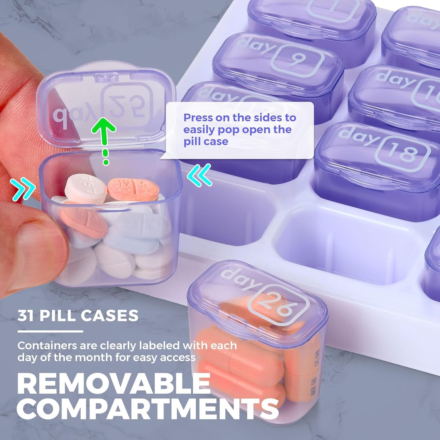 Monthly Pill Organizer - 31 Day Pill Organizer with Large Removable Medication Pods, Portable Pill Case Box and Holder for Daily Medicine and Vitamins for Travel, Purple image number 3