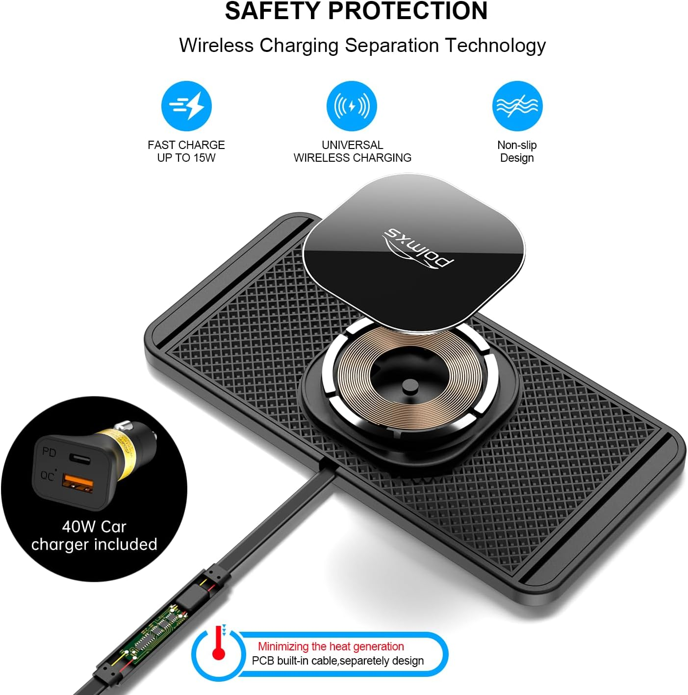 Polmxs Magnetic Wireless Car Charger, 15W Wireless Charging Pad for Magsafe Car Charger USB C Wireless Charger Car Non Slip Wireless Car Phone Charger for Iphone 15/14/13/12, Airpods (1 Meter Cable) image number 5