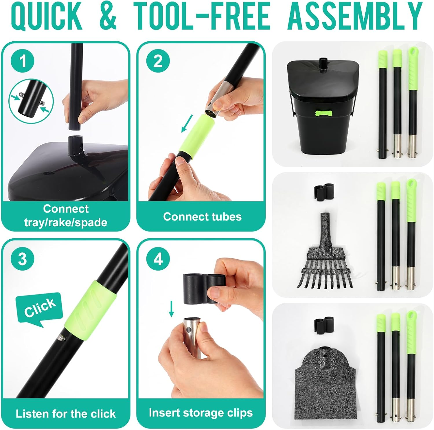 Long Handle Dog Poop Scooper Set with Swivel Bin, Rake & Spade - 97Cm Adjustable Poop Scoop - 20 Bags Included - No Bend Cleaning for Grass, Concrete & Gravel - Rustproof Stainless Steel image number 2