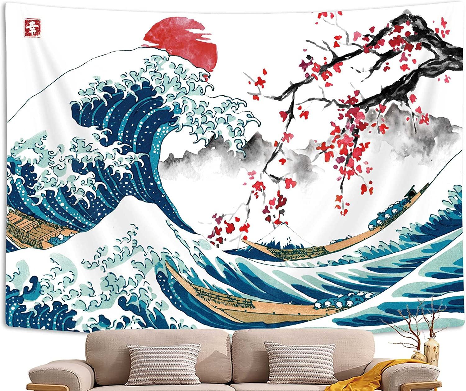 MERCHR Japanese Wave Wall Tapestry, Cool Ocean Wave Decoration, Asian Anime Mount Red Sun Cherry Blossom - 60X40 Inches image number 4