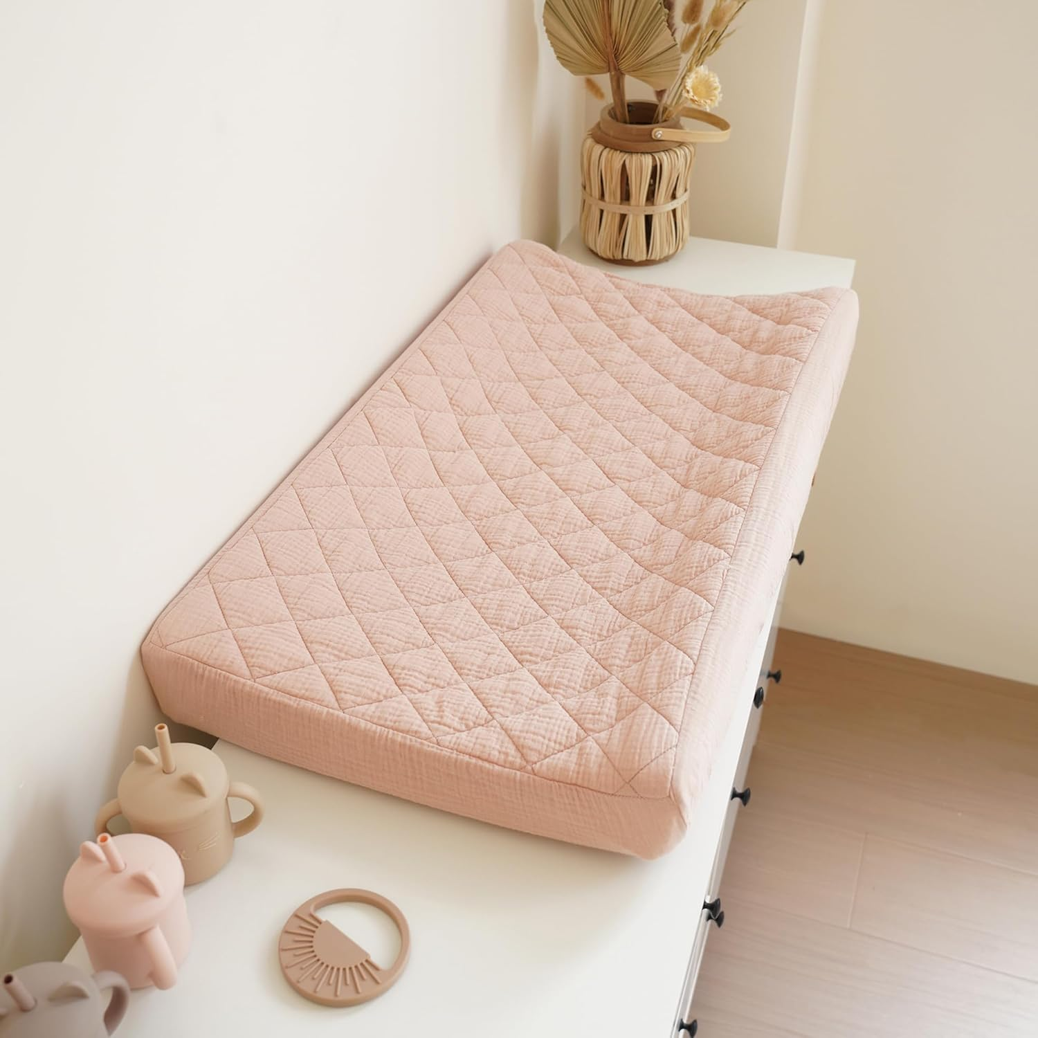 Konssy Waterproof Muslin Changing Pad Cover 2 Pack, Quilted Cotton Fitted Diaper Chang Table Cover, Soft Changing Pad Sheets for Girls Boys (Blossom,Pink) - Camel,Sun image number 5