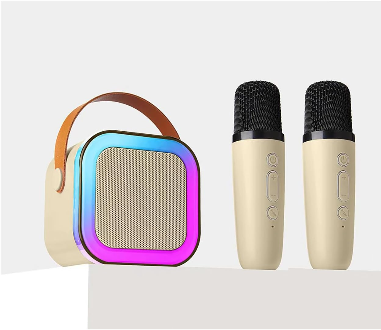 Kids Karaoke Machine, Adult Karaoke Machine with 2 Wireless Microphones, Portable Bluetooth Speaker Gift with Colorful Lights for Boys Girls Toy Family Train Dance Guide Party (Beige) image number 1