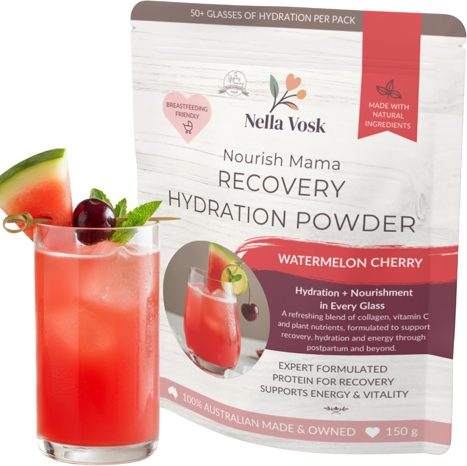 Nella Vosk Nourish Mama Recovery Hydration Powder &ndash; Collagen Protein Powder Drink with Vitamin C for Postpartum & Breastfeeding Support (No Added Sugar, Sweetened with Stevia) (150Gm, Watermelon Cherry) image number 1