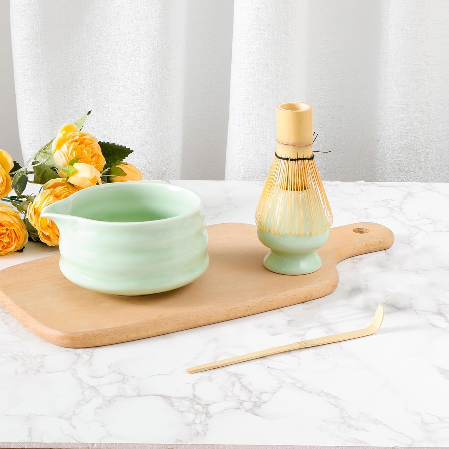 Matcha Whisk Set, Japanese Tea Set Includes Matcha Bowl with Spout, Matcha Whisk Holder, Bamboo Matcha Whisk and Bamboo Scoop, Ceramic Matcha Kit for Tea Lovers ﻿ (Green -4Pcs) image number 2