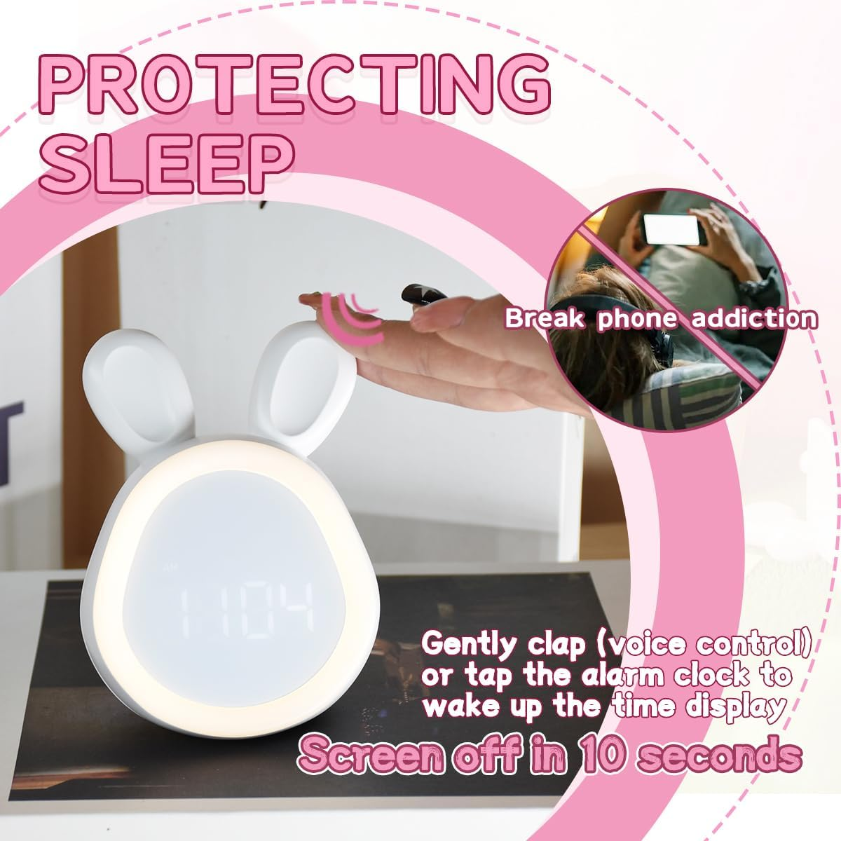 Bunny Alarm Clock Night Light for Kids with Temperature Brightness Adjustable and Time Display, Rechargeable, Timing Function, Non-Flickering Eye-Caring LED Warm Light (Light Pink) image number 5