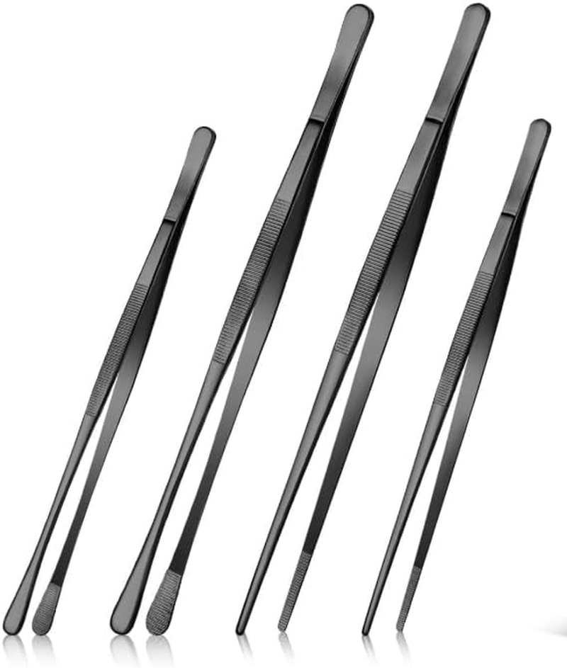 4 Pcs Kitchen Tweezers Set, 12'' and 10'' Stainless Steel Kitchen Tongs, Heat Resistant Cooking Tongs for Home, BBQ, Seafood (Black)
