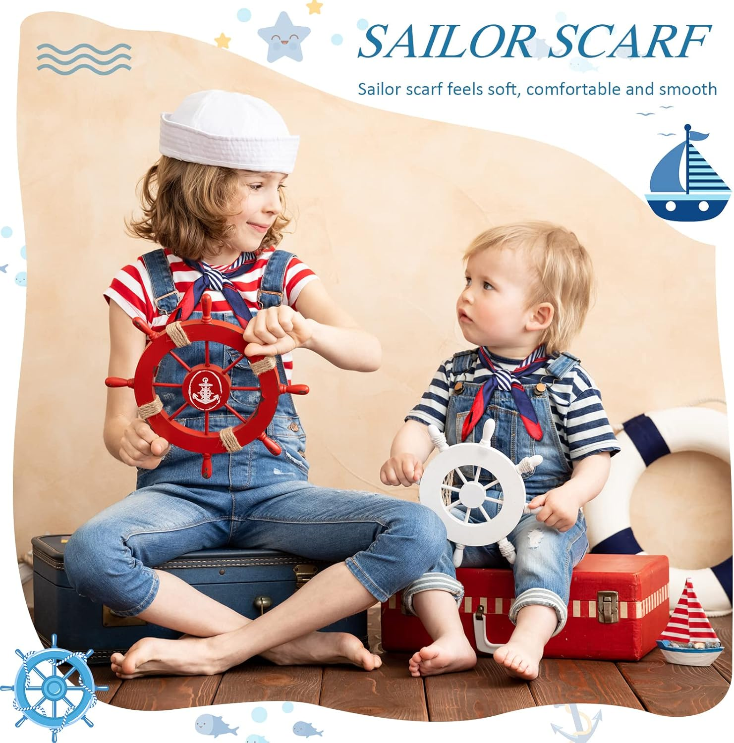 Xtinmee 12 Pack Nautical Square Scarf - Red, White, and Blue Imitated Silk Sailor Neck Scarf for Women, Ladies, Stewardess image number 5