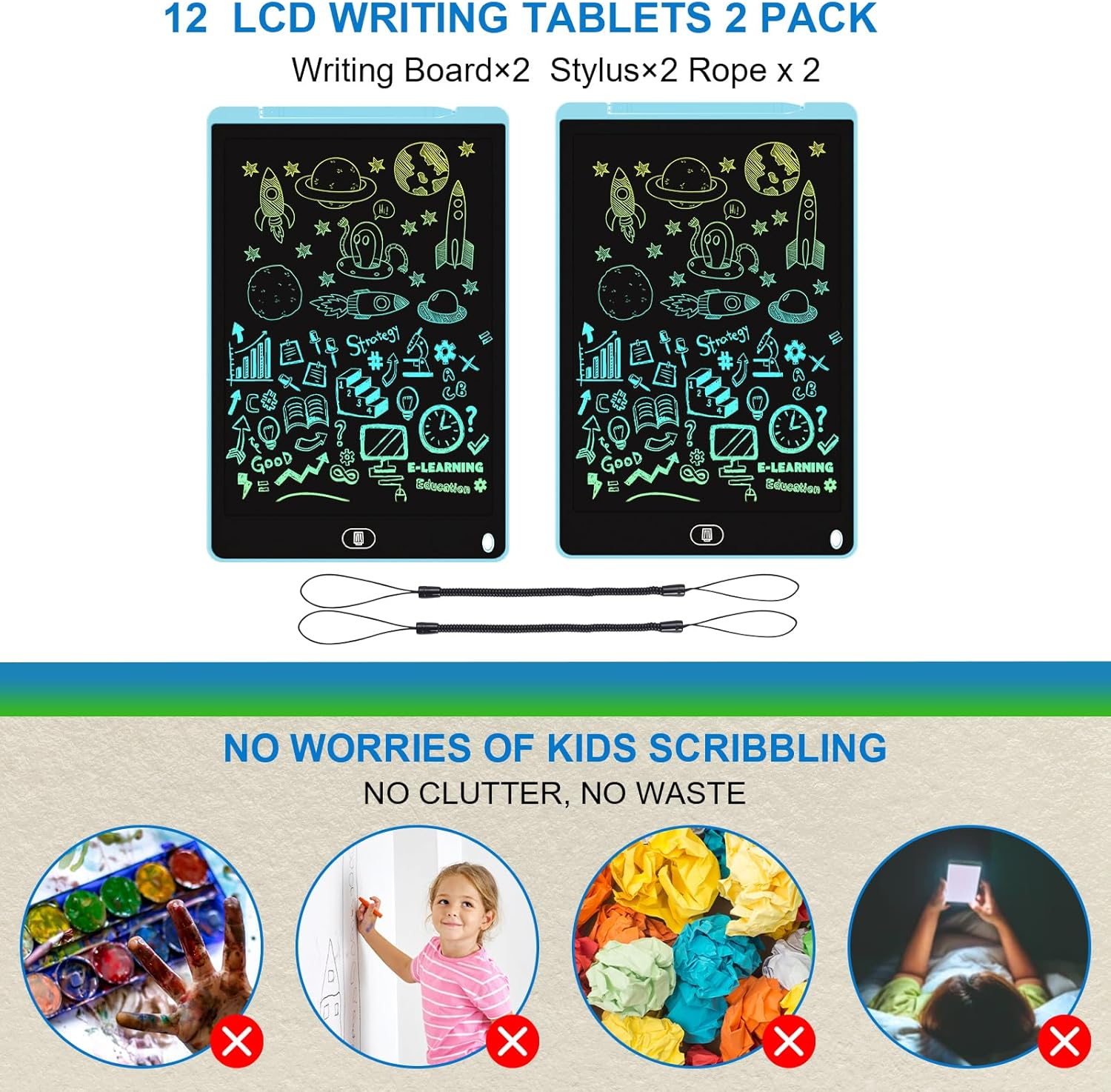 Electight 12 Inch LCD Writing Tablet for Kids, 2 Pack Colorful Doodle Board with Stylus, Eye Care Drawing Board with Lock/Delete FUNC, Portable Drawing Tablet for 3+ Years Old Boys Girls (Blue, Blue) image number 6
