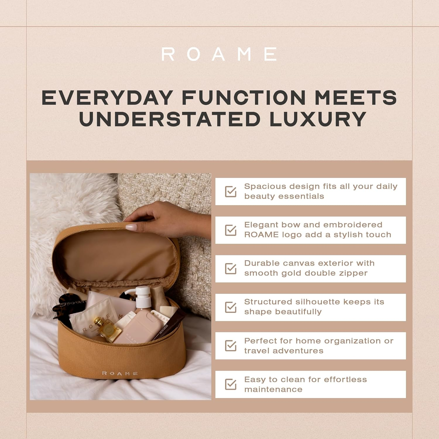 Roame Everyday Vanity Bag &ndash; Elegant Canvas Cosmetic Travel Bag with Zipper, Spacious Toiletry Organizer & Makeup Pouch for Women &ndash; Stylish Daily Companion for Life at Home or On-The-Go image number 4