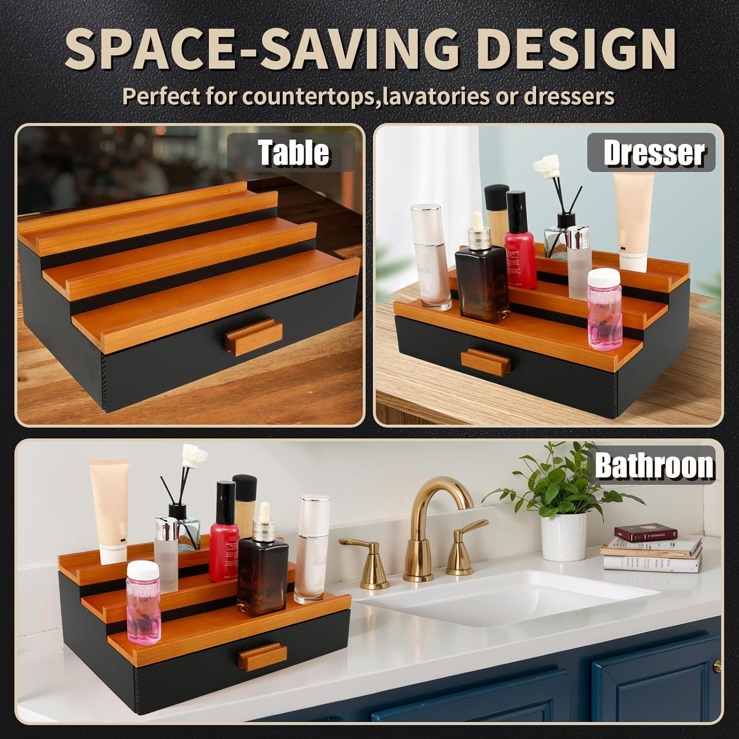 3-Tiers Wood Display Risers Stand, Perfume Storage Display Stand, Versatile Cologne Shelf with Drawer, Elegant Perfume Organizer Steady Cologne Organizer for Home Bedroom (B Set) - B Set image number 5