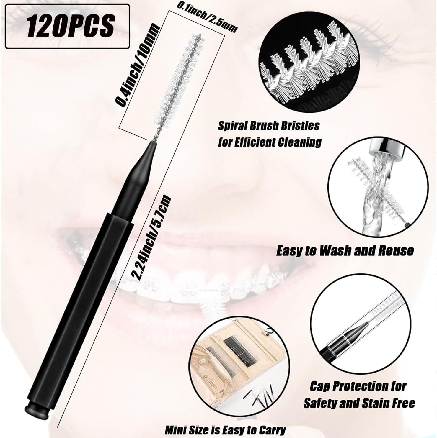 120 Pieces Interdental Brushes, Orthodontic Flossers Toothpicks for Braces, Spiral Dental Brush Head, Braces Cleaner Kit for Efficient Oral Care, Teeth Cleaning Tools, Black