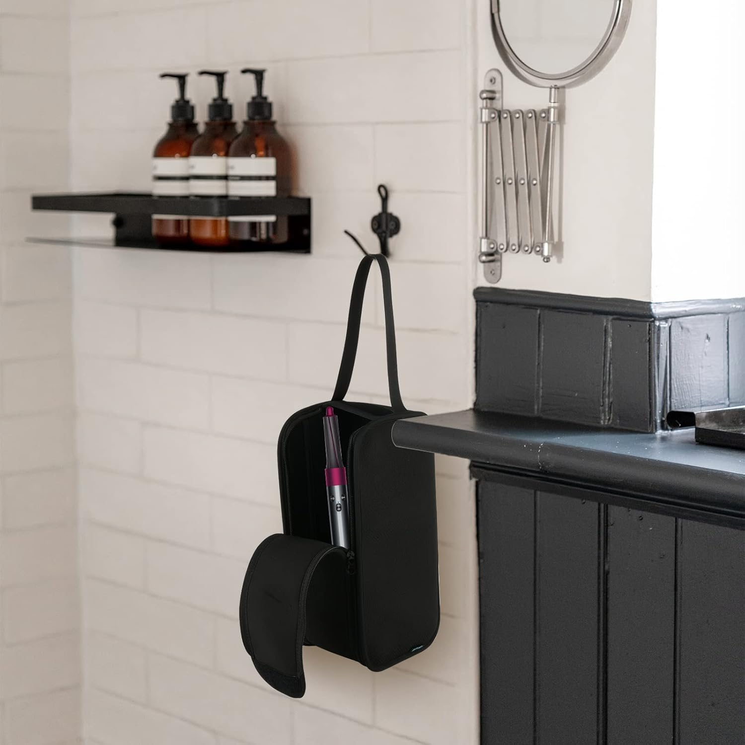 Beautyflier Travel Case for Dyson Airwrap Styler Attachments Hair Dryer Organizer Portable Anti-Scratch Dustproof Protection Storage Bag with Hanging Strap, Black, Hair Dryer Case with Hanging Strap image number 3