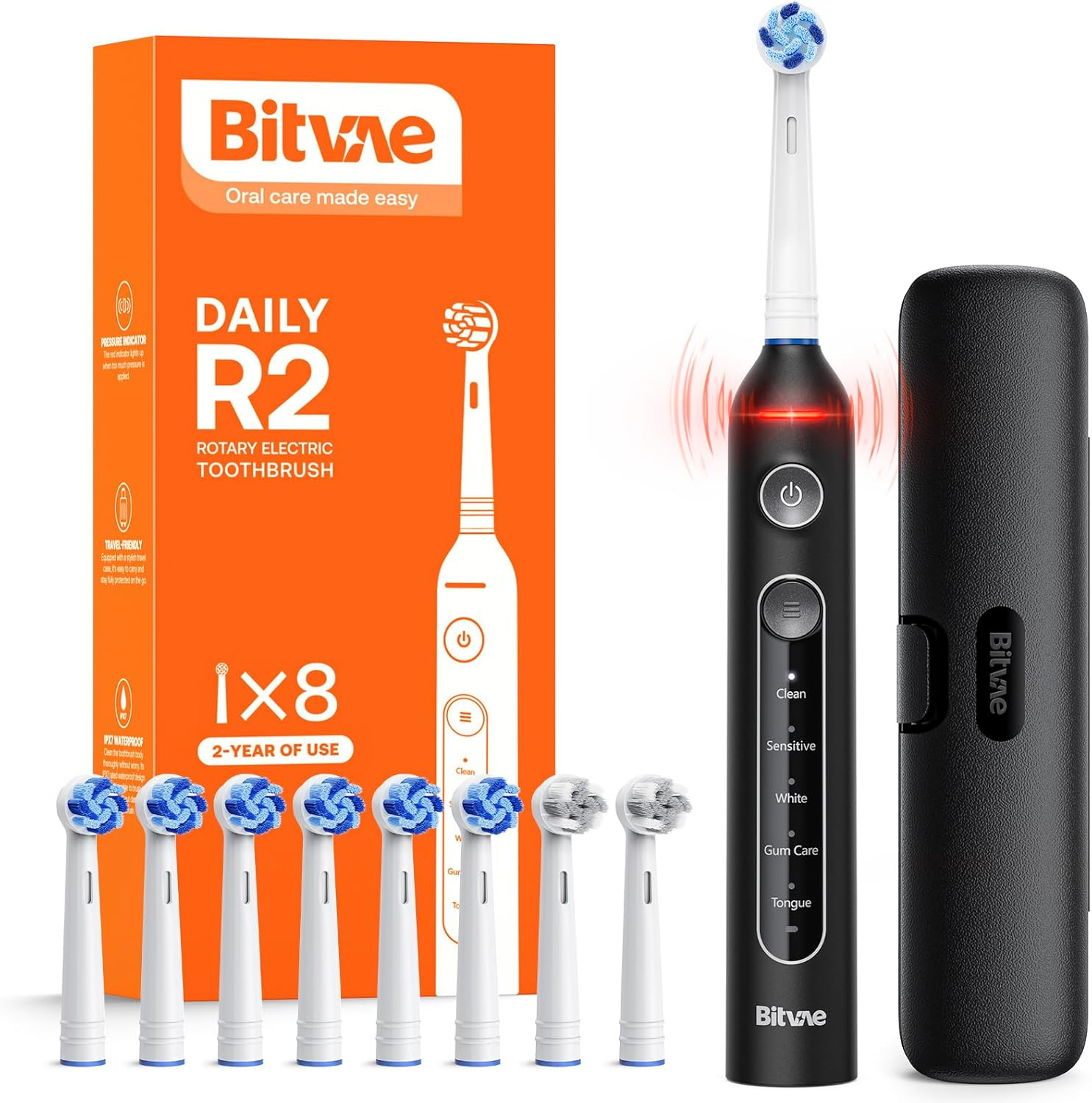 Bitvae R1 Rotating Electric Toothbrush for Adults and Kids, Rechargeable Electric Toothbrush with 60-Day Battery Life, 8 Brush Heads, 5 Modes, 2-Minute Smart Timer, Black