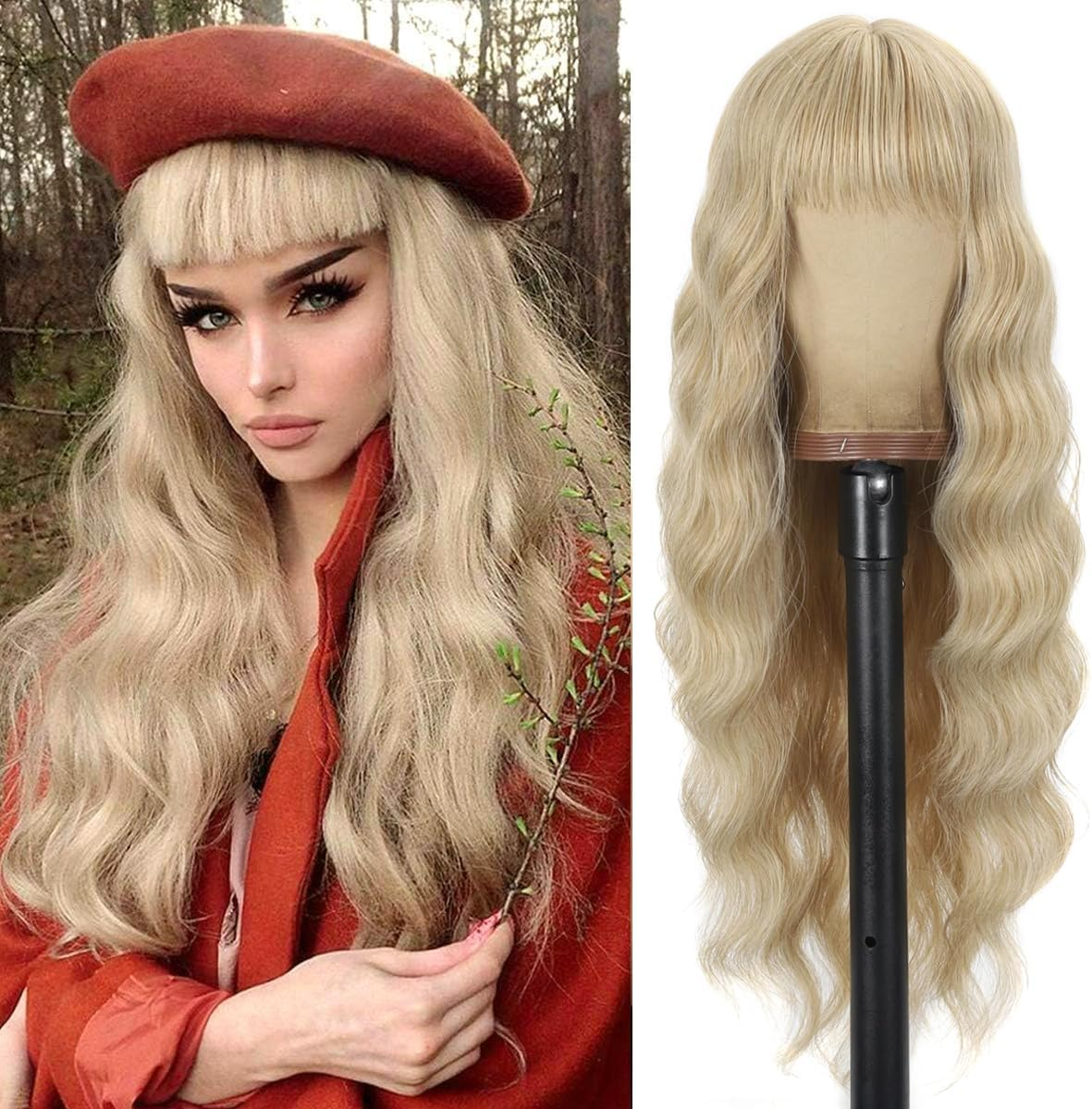 YEESHEDO Long Blue Hair Wigs Fringe for Women Girls Natural Curly Wavy Synthetic Colorful Wig for Festival Halloween Outfit Party Cosplay or Daily 28 Inches,Dark Blue