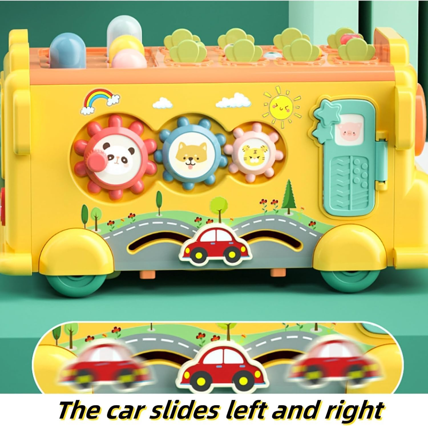 Uandhome 12-In-1 Montessori Toys for 1 2 3 Year Old Baby Boys Girls,Hammering Pounding Toy Harvest,School Bus Toy with Gears,Teaching Clock,Fishing Game and Color Matching for Kids image number 6