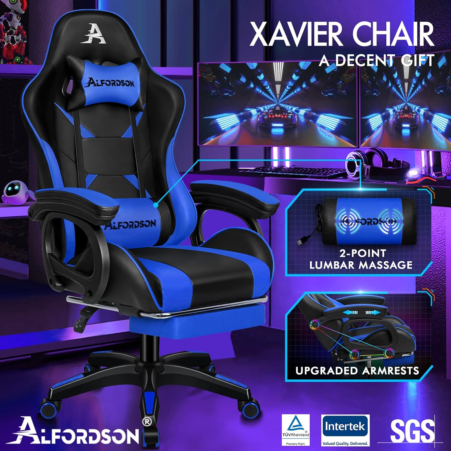 ALFORDSON Gaming Chair with Massage and 150&deg; Recline, Ergonomic Executive Office Chair PU Leather with Footrest, Adjustable Height Racing Chair with SGS Listed Gas Lift, Max 180Kg(Blue)