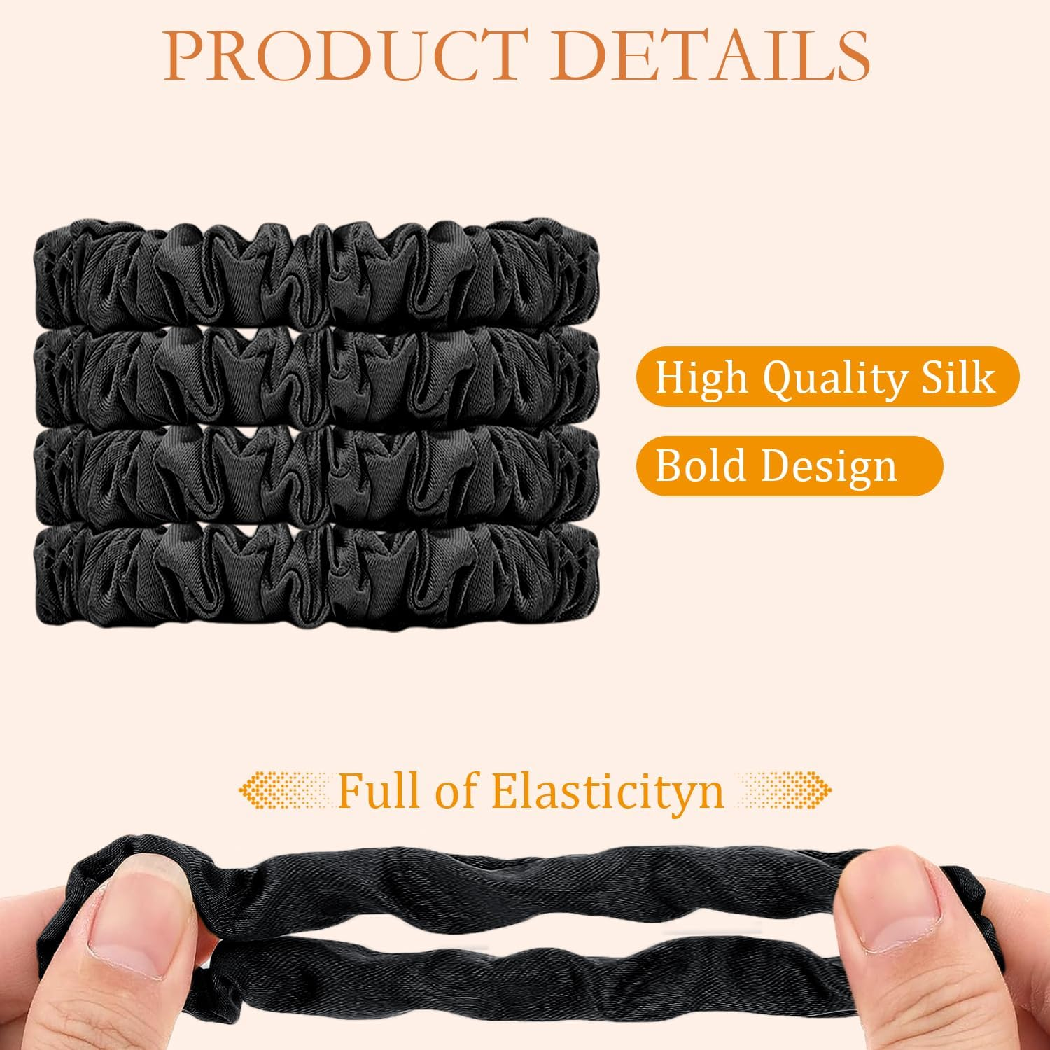 4 Pcs Silk Scrunchies | Silk Hair Ties | Satin Scrunchies | Elastic Hair Bands | Hair Bobbles | Hair Scrunchies for Women | Hair Ties No Damage | 4 Pcs Black Hair Ties image number 4