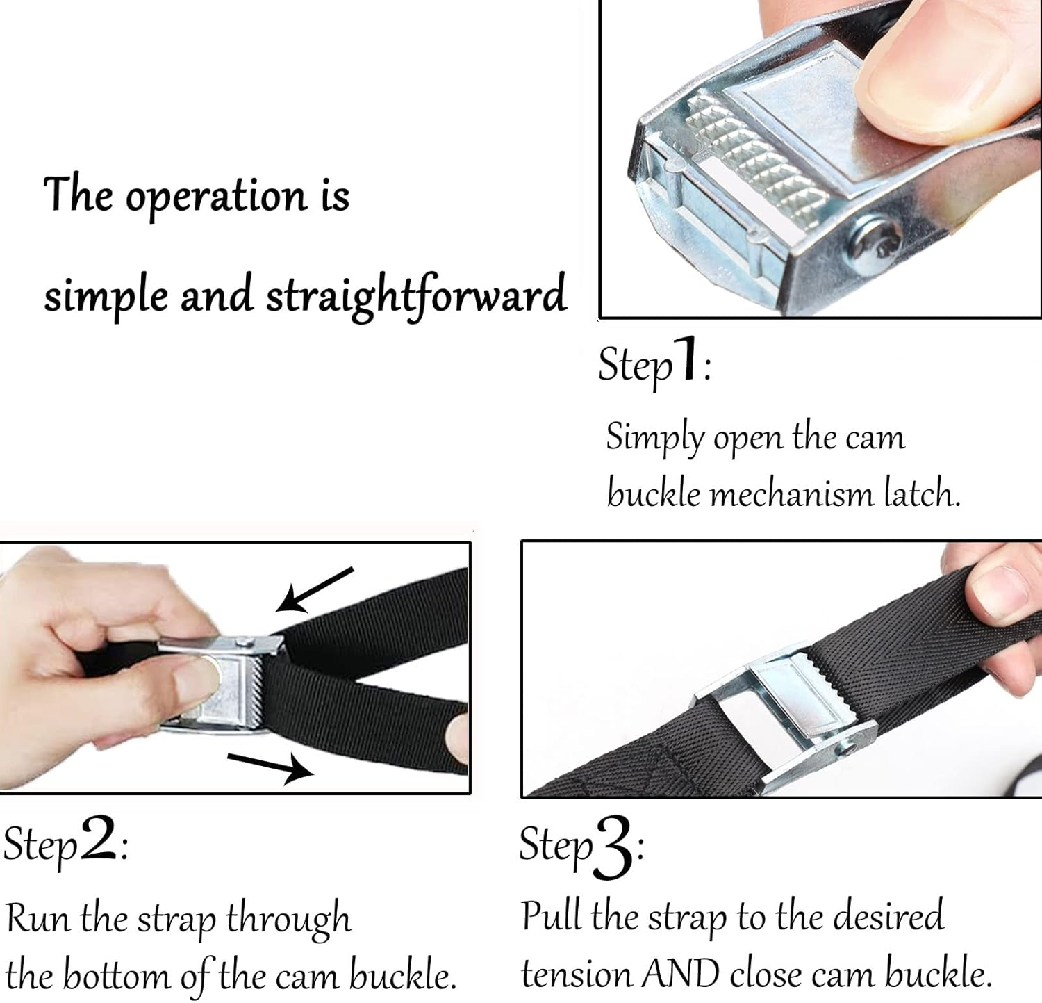 Tie down Straps 6.5Ft, Fifod Lashing Strap with Adjustable Zinc Alloy Cam Buckle, Heavy Duty Black Securing Straps, 4 Pack (6.5Ft X 1 Inch) image number 3