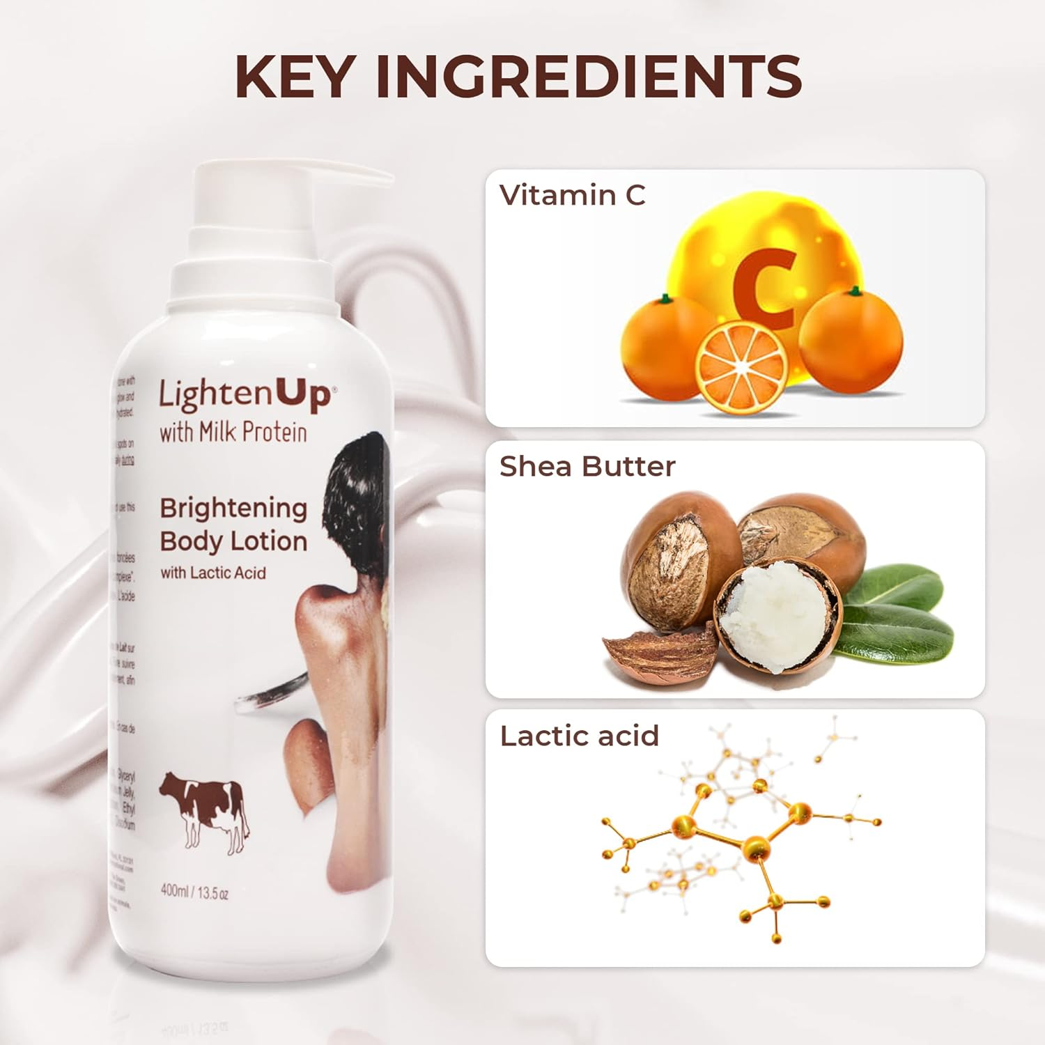 Lightenup, Lactic Acid Lotion | 13.5 Fl Oz / 400Ml | AHA Body Cream | Fade Dark Spots on Body, Knees, Armpit, Underarm | with Shea Butter, for Women and Men image number 2