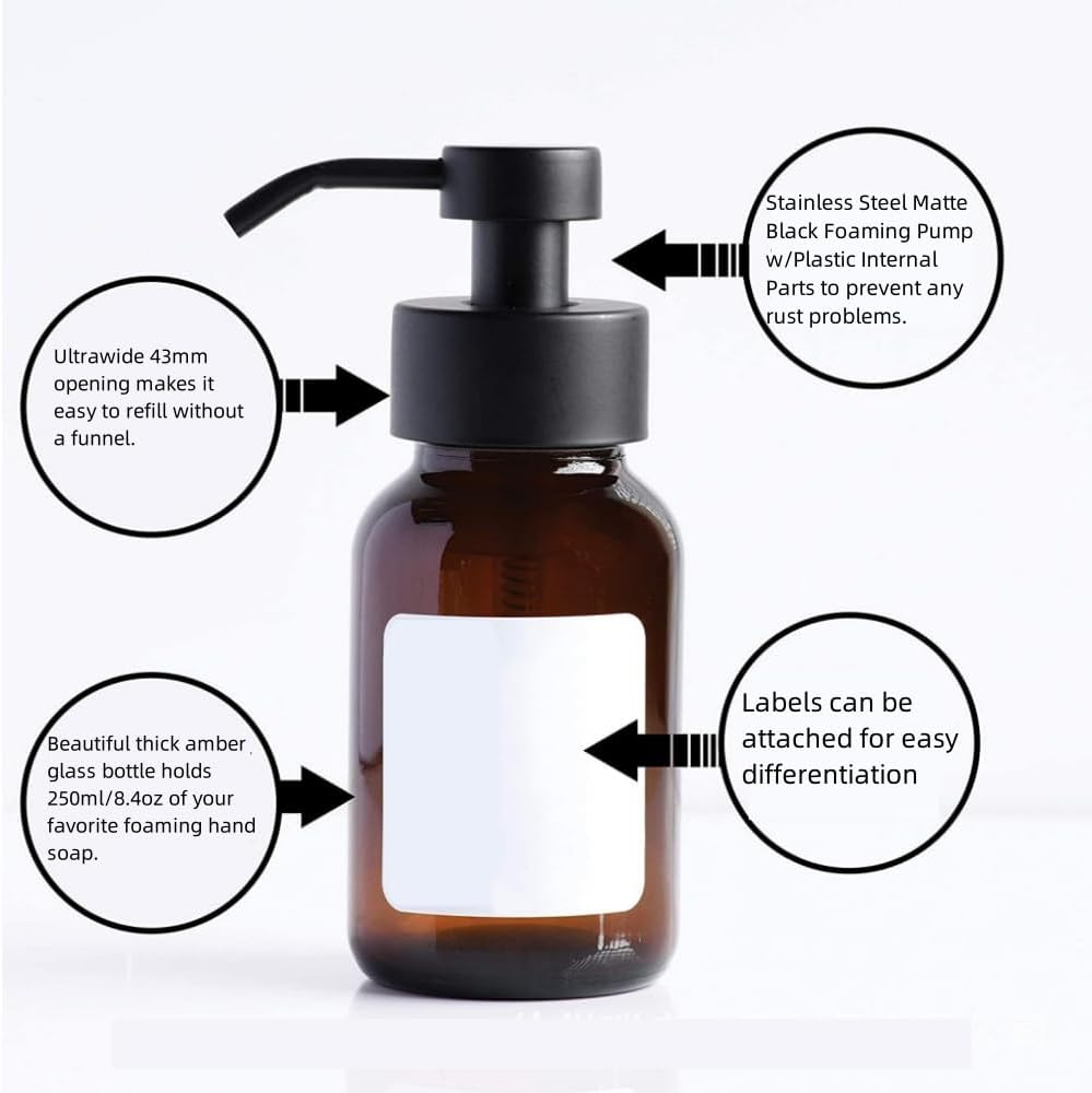 HIDOSNG Foaming Soap Dispenser, 2 Pack Amber Glass Foam Soap Dispenser for Bathroom & Kitchen, Modern Refillable Foaming Hand Soap Dispenser, Foam Pump Bottle with Waterproof Labels 8.5 Oz image number 2