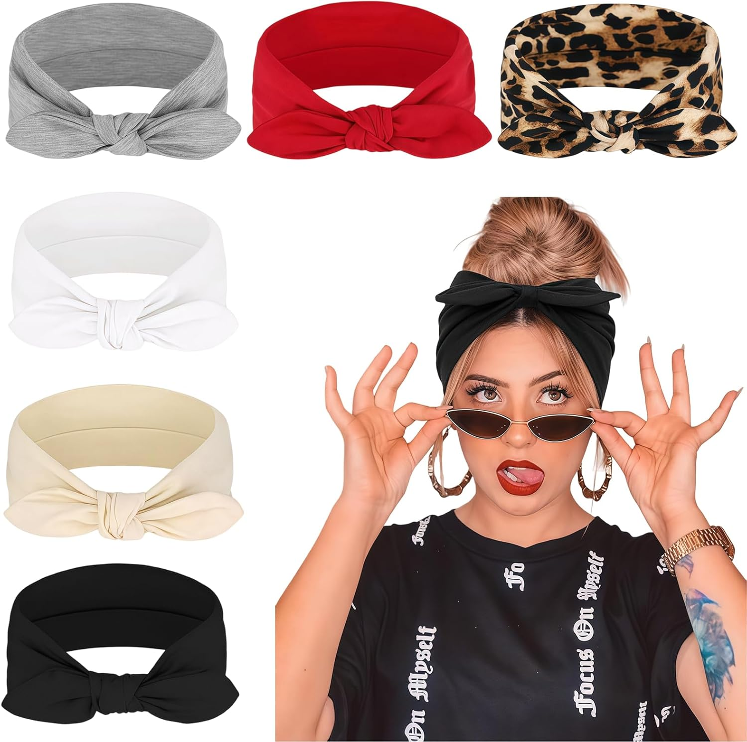 Pack of 6 Women'S Headbands, Elastic Hair Band, Boho Style, Non-Slip Wide Hair Band for Women, Girls for Sports, Yoga, Everyday Use (Multi-Colour) image number 4