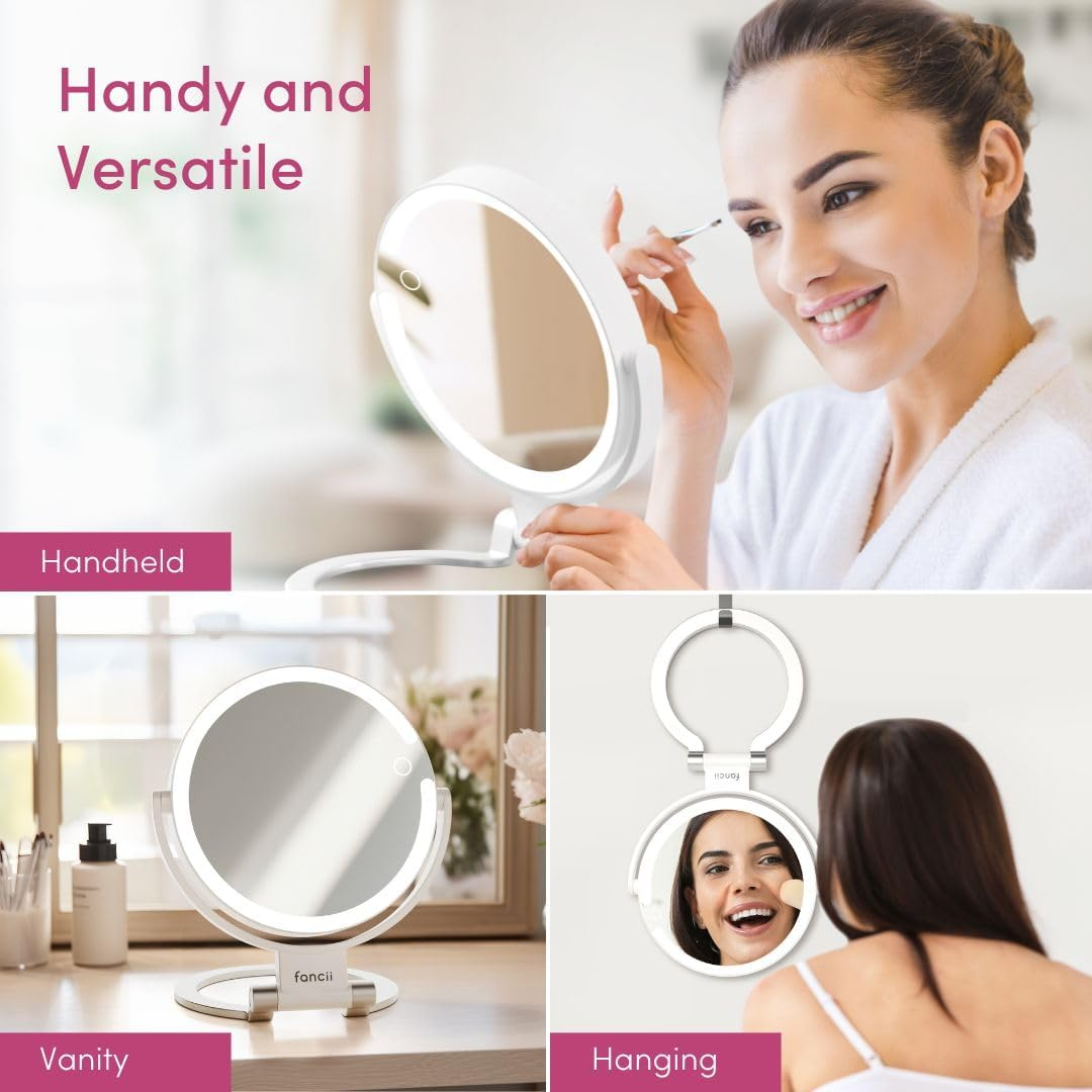 Fancii Travel Magnifying Mirror 10X /1X with Lights, Rechargeable | 9-Inch Extra Large LED Lighted Makeup Mirror, Folding Double Sided Portable Vanity Mirror, 3 Light Settings, Touch Sensor (Sadie)