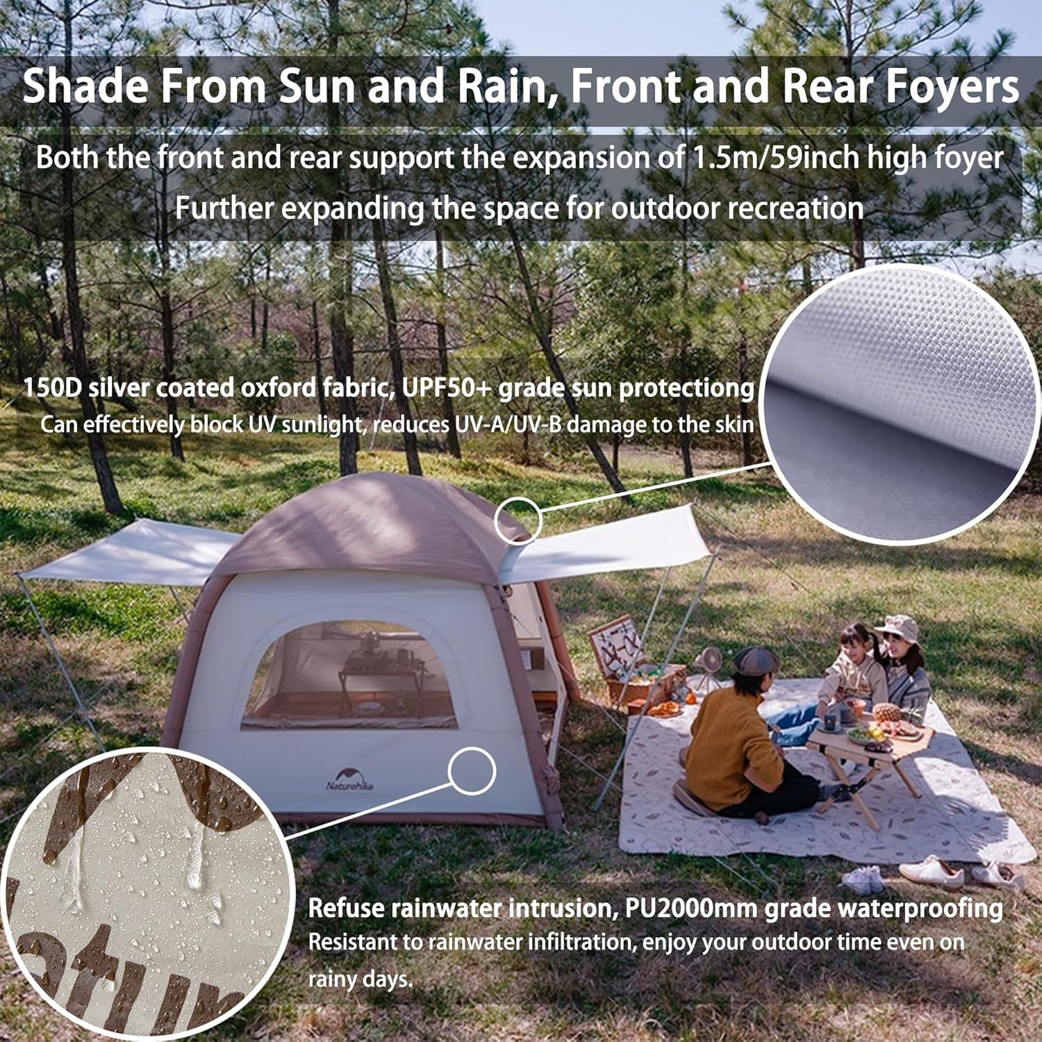 Naturehike Portable Air Inflatable Tent with Hand Pump,1 Min Setup,Upf50+,1.65M High Canopy Tent,With Two Large Awning Vestibules,Family,5-Sided Ventilation image number 6