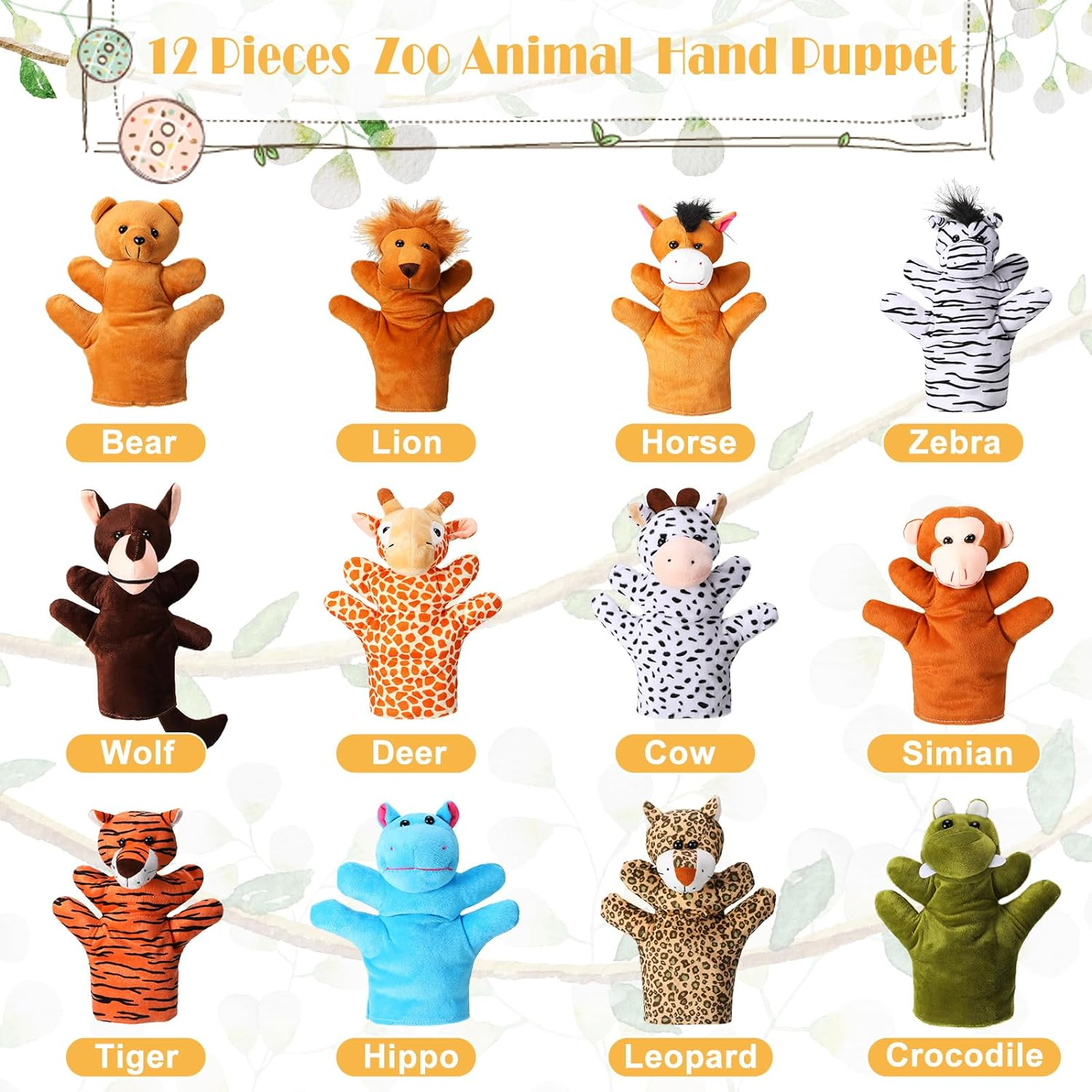 12 Pieces Hand Puppet Zoo Animal Plush Puppets Cute Animal Hand Puppets Plush Pretend Toys Educational Toys with Tiger Lion Monkey Bear Leopard Design for Telling Story Teaching Role Play (Cute) image number 5