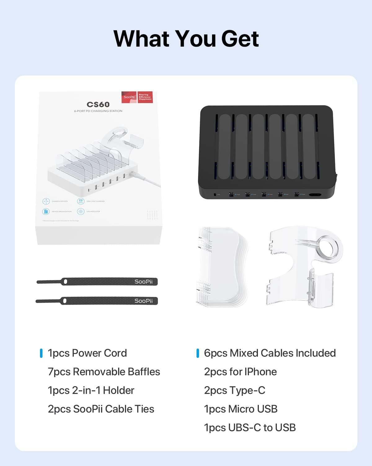 Soopii 60W 6 Port USB Charging Station for Multiple Devices, PD 20W USB C Fast Charging for Lphone 14/13/12,6 Short Cables Included, 2 in 1 Holder,For Phones,Tablets and Others