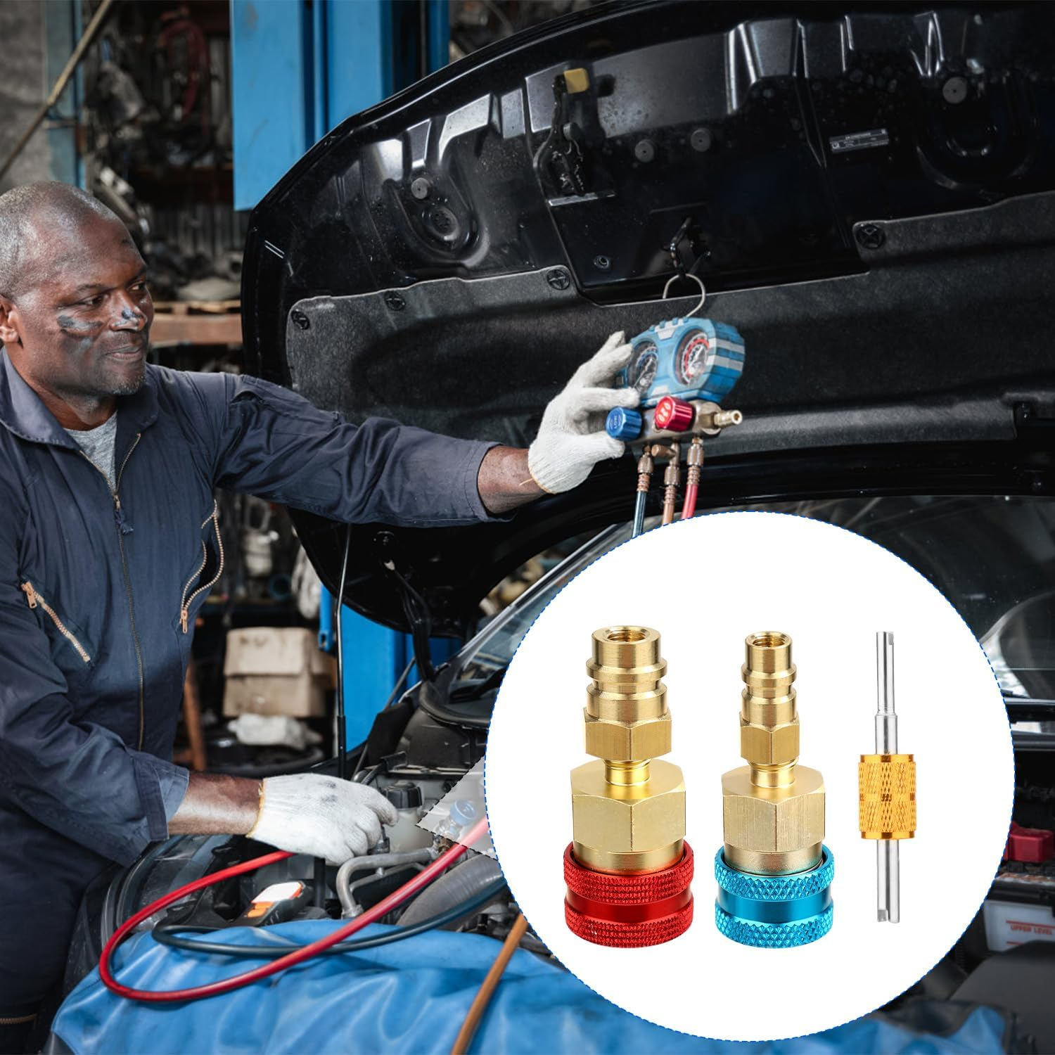 2Pcs R134A to R1234Yf Adapter Fittings, High & Low Adjustable Quick Coupler Adapters with Valve Core Wrench Sturdy Coupler Connector Adapter Fitting Kit for Car AC Refrigerant