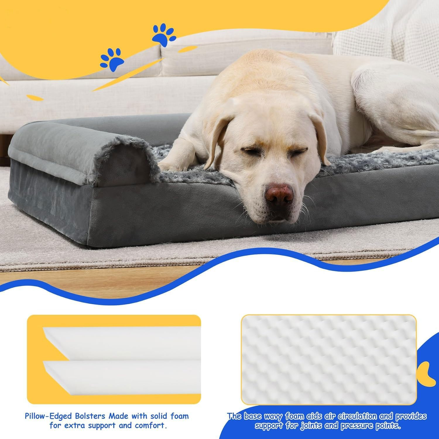 HAOLEYAO Orthopedic Dog Bed for Medium Large Dogs - Big Pet Sofa Bed with Removable Washable Cover, Waterproof Lining, Nonskid Bottom, Foam Dog Couch Bed with Sides Bolster (Grey, 135X95X22Cm) image number 1