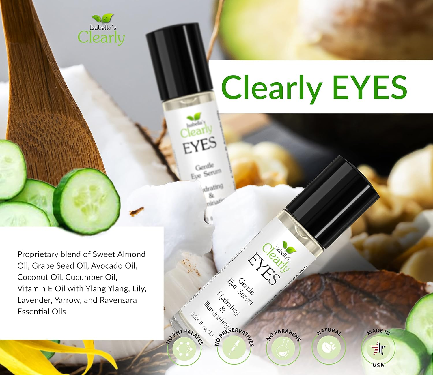 Clearly EYES Natural anti Ageing Eye Serum | Hydrating and Firming Instant Treatment for Tired Puffy Eyes, Dark Circles, Swollen Eyelid, Eye Bags | Cucumber and Avocado Oils | Made in USA image number 3
