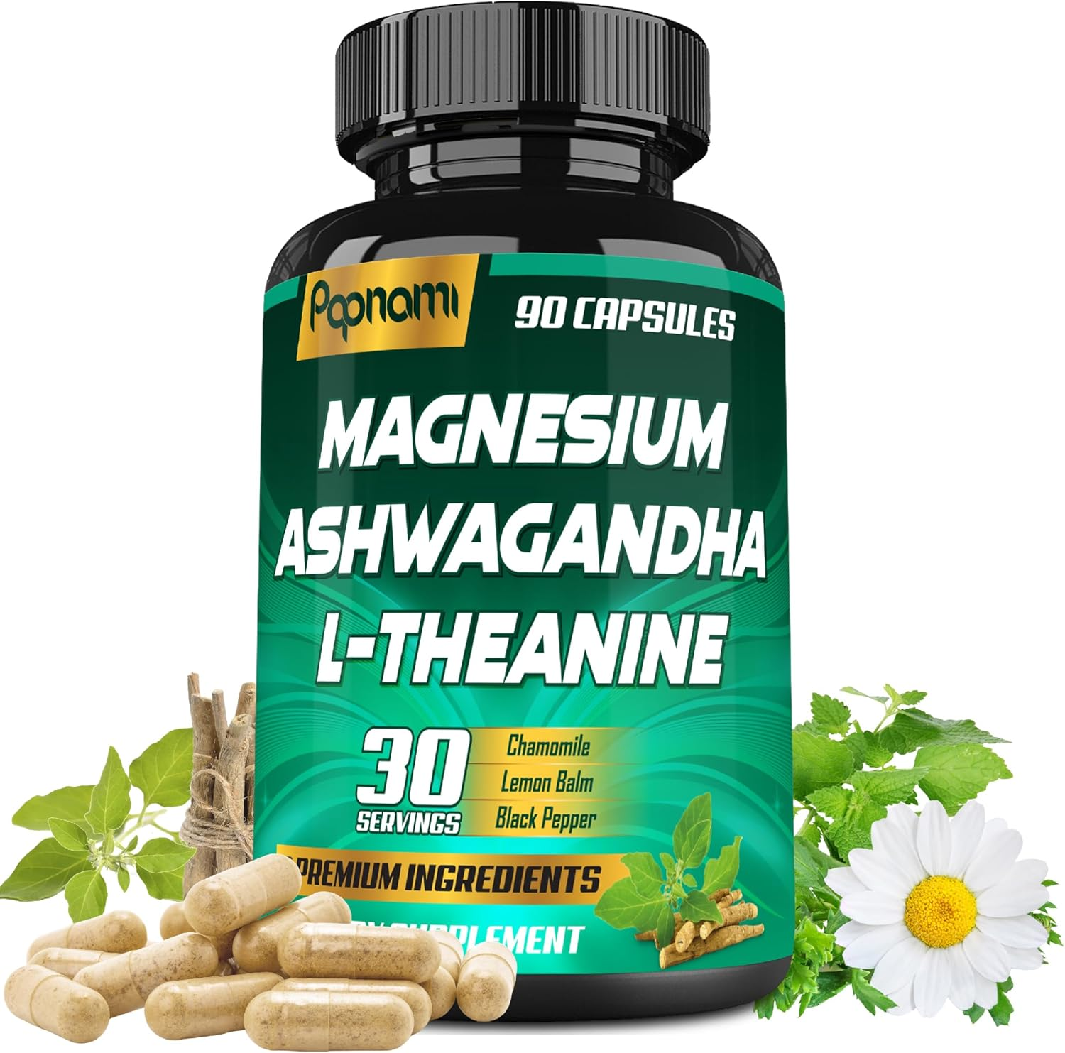 Magnesium Glycinate & Ashwagandha Supplements | Blended with L-Theanine, Chamomile, Lemon Balm, and Black Pepper | 90 Count