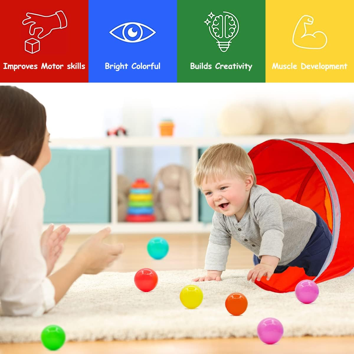 FUYGRCJ Kids Play Tunnel 5FT Pop up Kids Crawl Tunnel Colorful Soft Comfortable Baby Crawl Tube Indoor Outdoor Play Games Climbing Tunnel for Toddlers Aged 3M+ and Pets (Red Orange Blue) image number 4