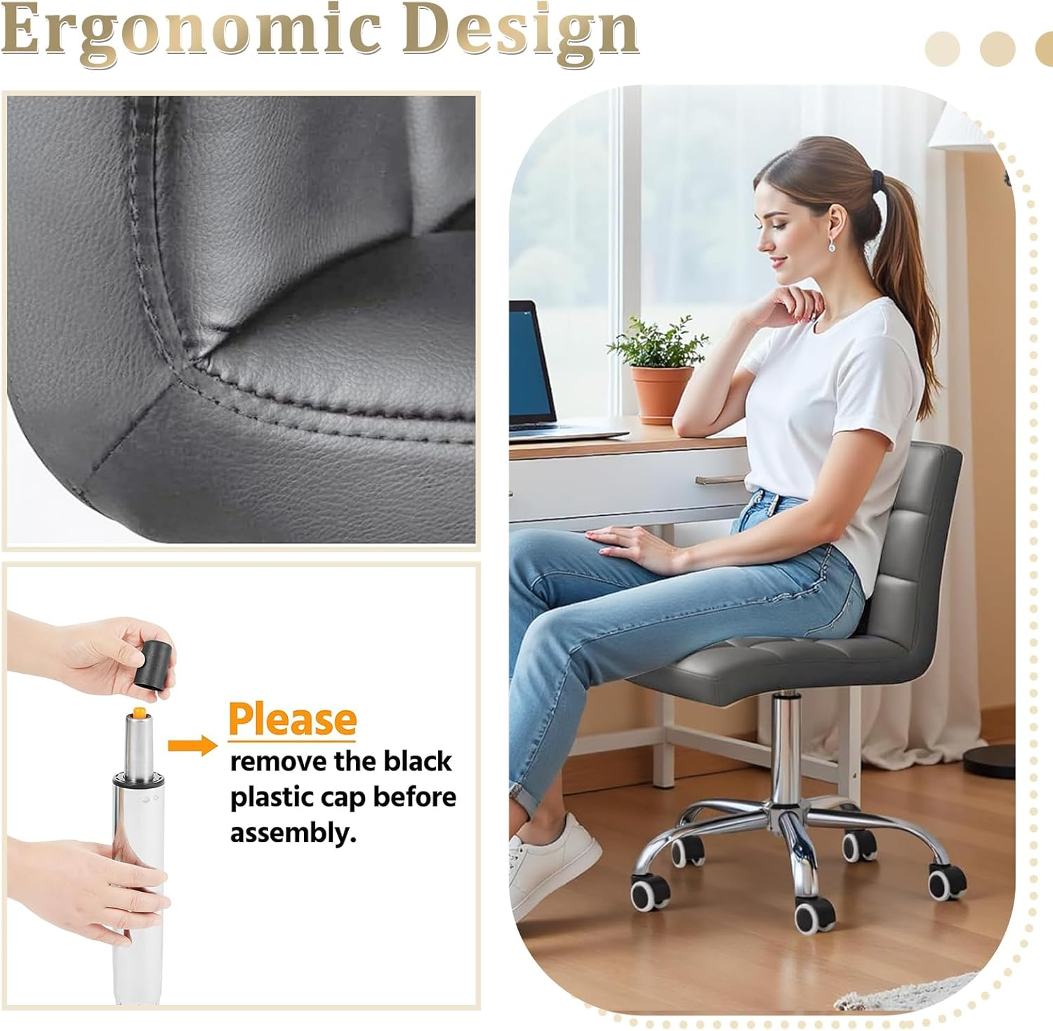 LIODUX Vanity Chair, PU Leather Makeup Armless Chair with Back, Ergonomic 360&deg; Rolling Swivel Stool, Adjustable Modern Height Vanity Stool, Salon Spa Stools with Wheels for Home Work Office (Grey)